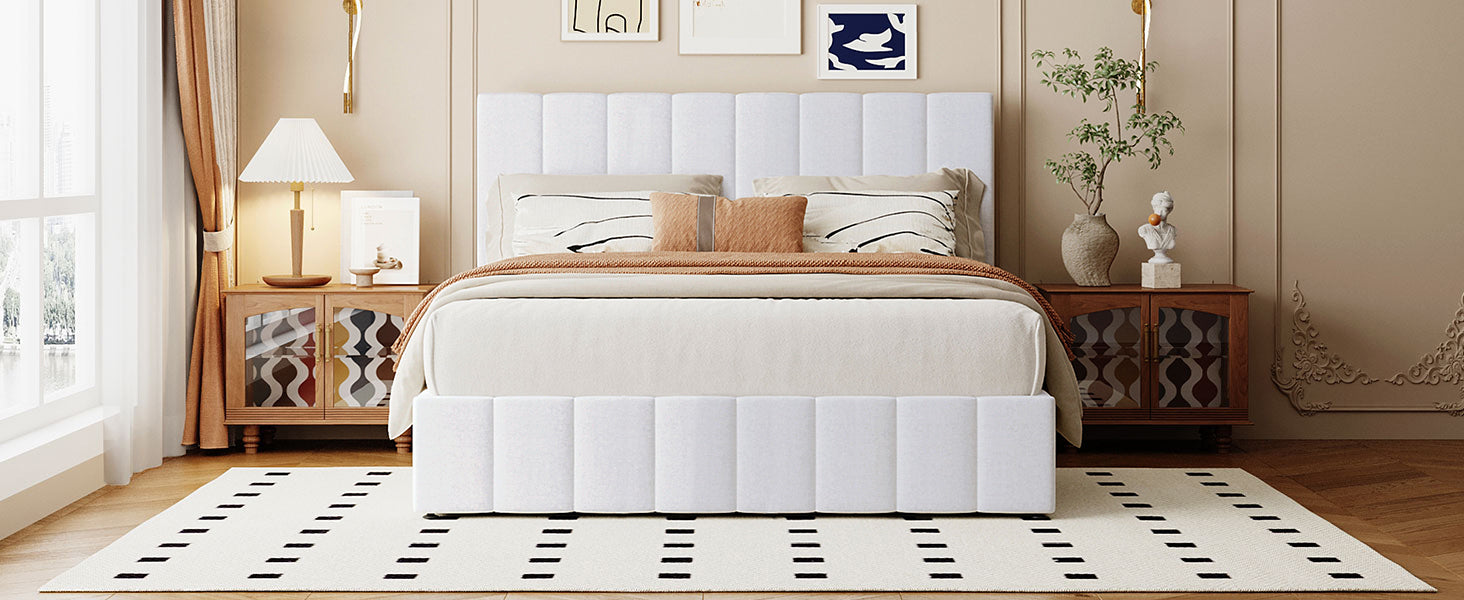 Queen Size Upholstered Platform Bed With A Hydraulic Storage System White Old Sku: Lp000211Aak White Upholstered