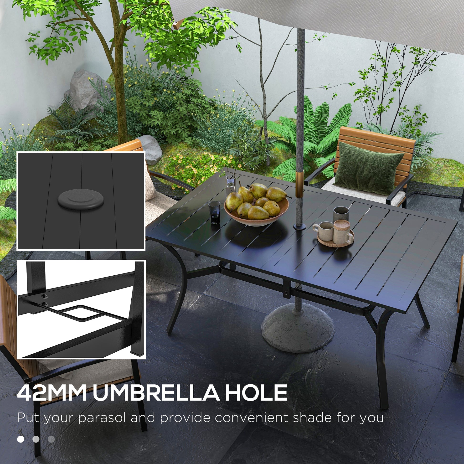 black rectangle patio table with umbrella hole Outsunny Rectangle Outdoor Dining Table For 6 People, Steel Rectangula