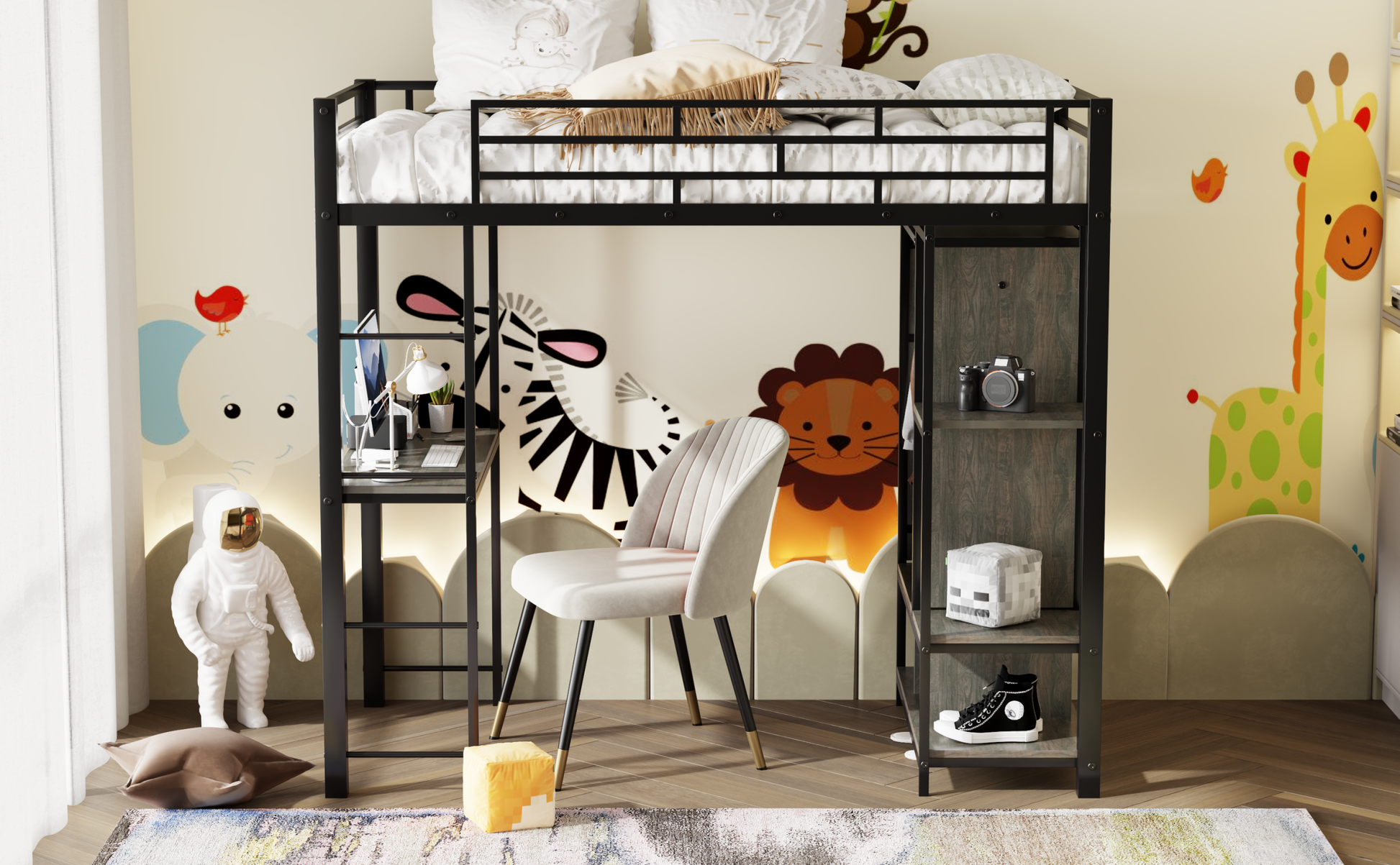 Twin Size Metal Loft Bed With Built In Wardrobe, Desk And Shelves, Black Expected Arrival Time: 9.3 Box Spring Not Required Twin Black Mdf Metal