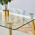 Table And Chair Set.Modern Rectangular Glass Dining Table With A Tempered Glass Tabletop And Metal Legs, Paired With Multiple Chairs Designed With Pu Cushions And Golden Metal Legs. Black Gold Seats 6 Tempered Glass
