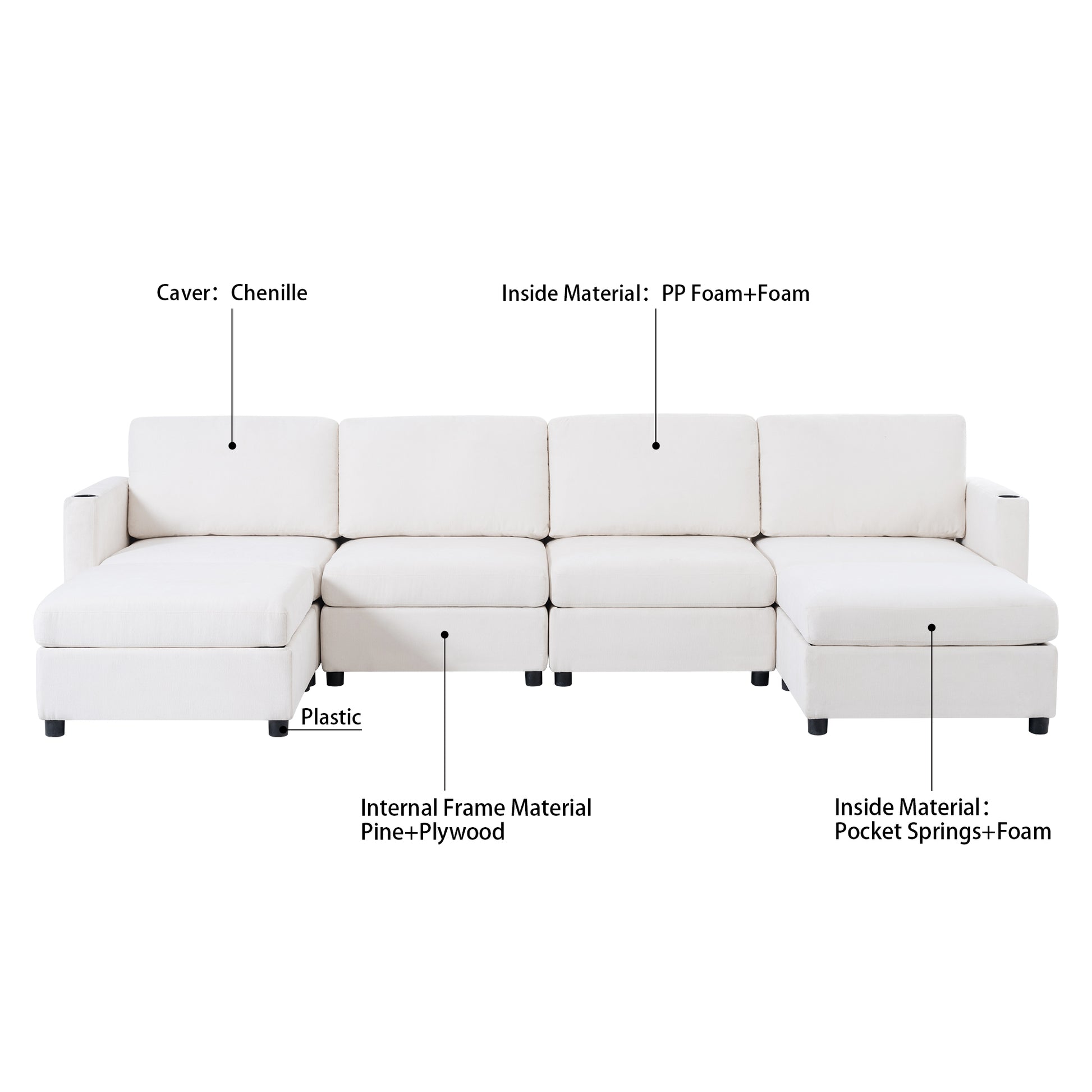 Modern Large Sectional Sofa, U Shape Modular Sectional Couch With Storage Function,123" Sofa Bed With Ottoman,6 Seat Sectionals Chaise For Living Room,Chenille Antique White Fabric 6 Seat