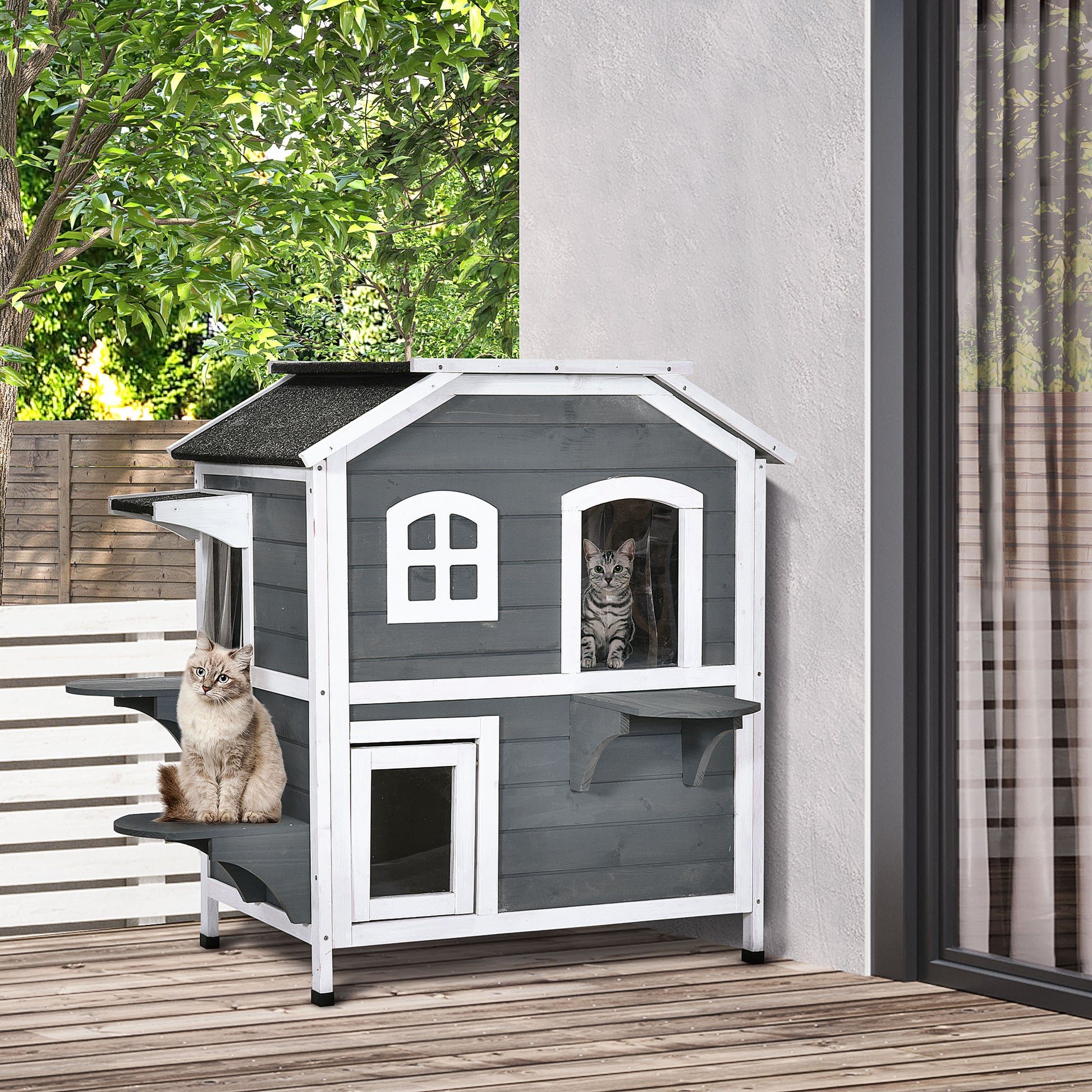 Pawhut 2 Story Cat House Outdoor, Weatherproof Wooden Cat Enclosure For Feral Cats With Escape Door, Openable Roof, Jumping Platforms, Gray Gray Wood