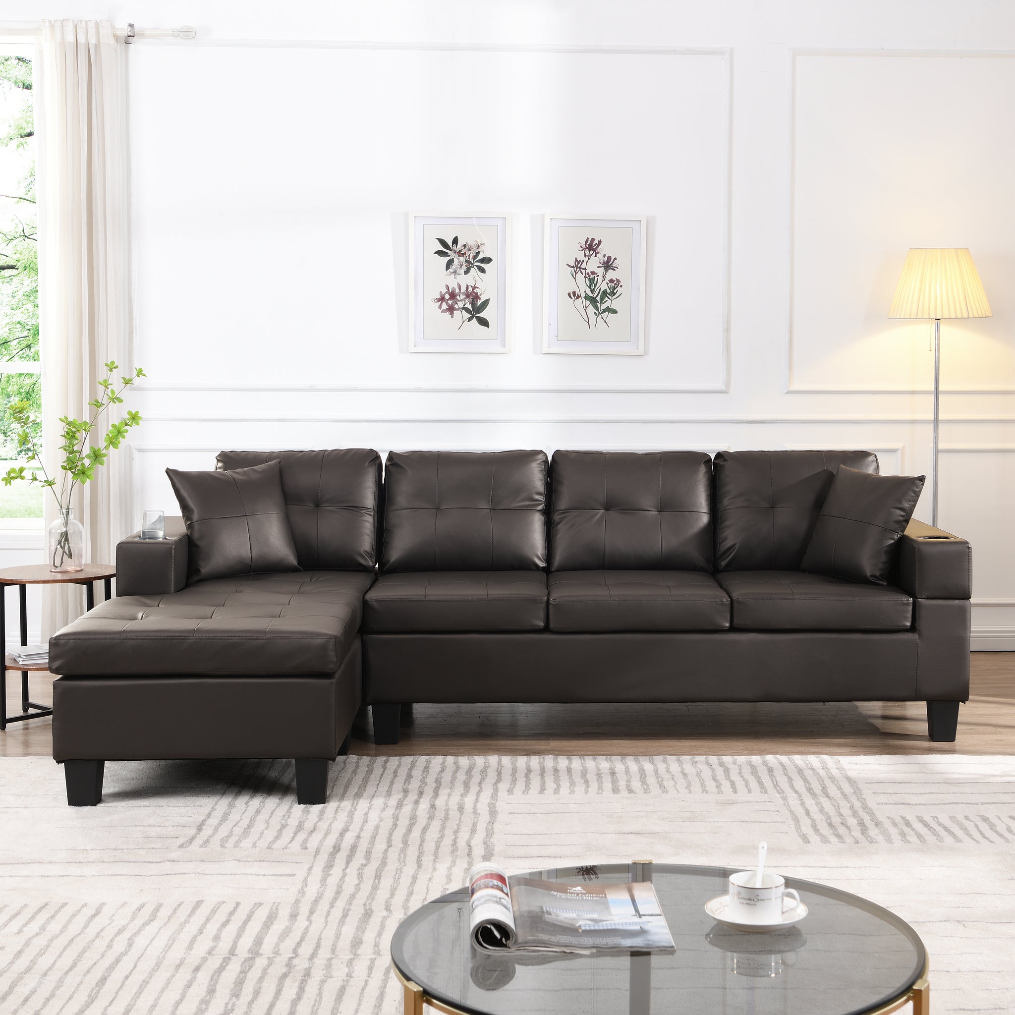 Sectional Sofa Set For Living Room With L Shape Chaise Lounge ,Cup Hol