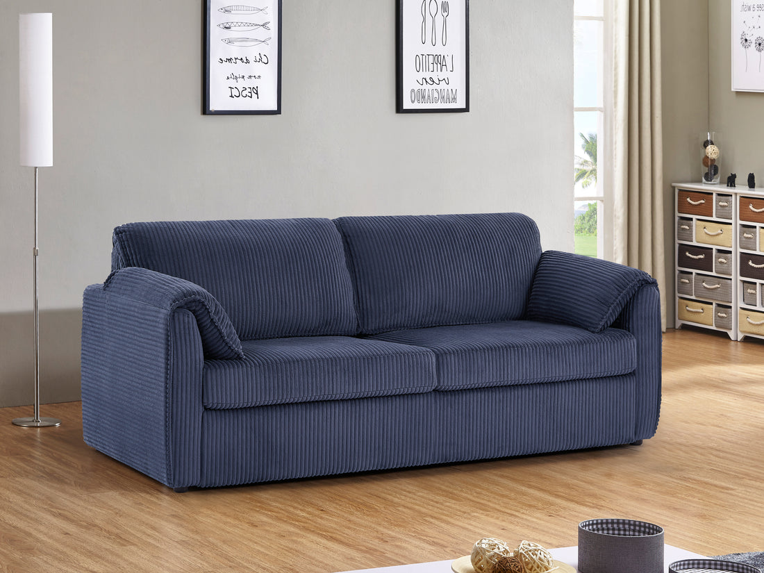 Modern Fabric 3 Seater Sofa Couch With Pullout Bed Blue Microfiber Metal Primary Living Space Soft Cushion Back Modern Eucalyptus Pillow Top Arms Foam Corduroy 2 Seat