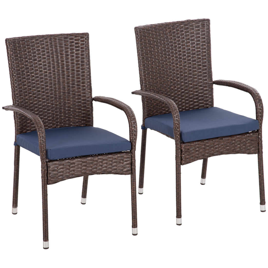 Outsunny Stackable Pe Rattan Outdoor Dining Chairs With Cushions, Set Of 2 Patio Wicker Dining Chairs With Armrests And Backrest For Patio, Deck, Cream White Blue Steel