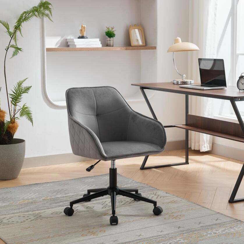 Velvet Office Desk Chair, Modern Home Desk Chair With Wheelsvanity Chairs For Living Room, Bedroom,Study Room Grey Black Foam Polyester Blend