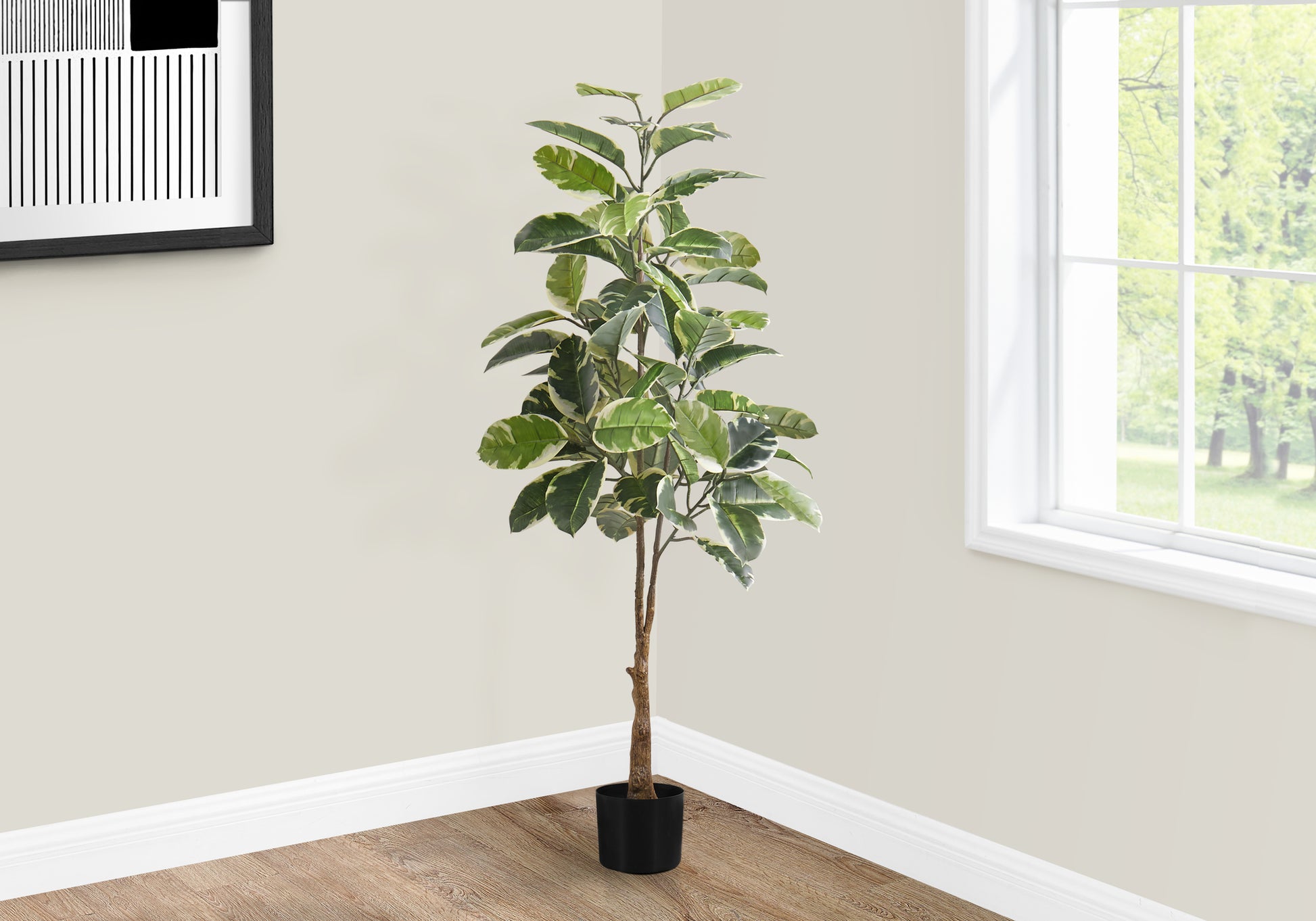 fake tall plants indoor Artificial Plant, 52" Tall, Rubber Tree, Indoor, Faux, Fake, Floor, Greenery, Potted, Real Touch, Decorative, Green Leaves, Black Pot Green Foam