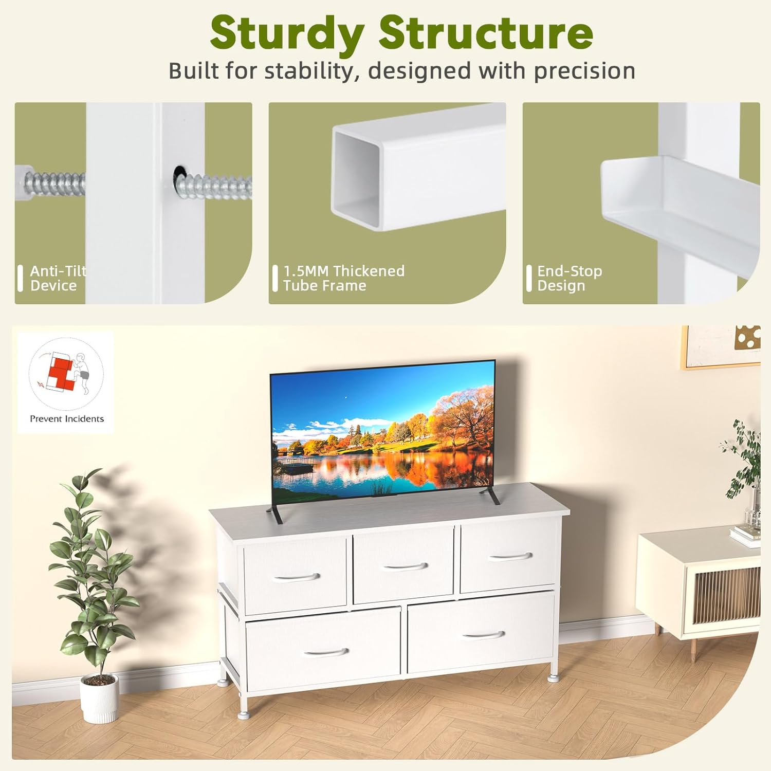 5 Drawers Dresser For Bedroom, Kidsroom Furniture, Wide Chest Of Drawers, Storage Organizer Units With Fabric Bins For Closet, White, Metal Frame, Waterproof Wood Top, Adjustable Feet White Wood