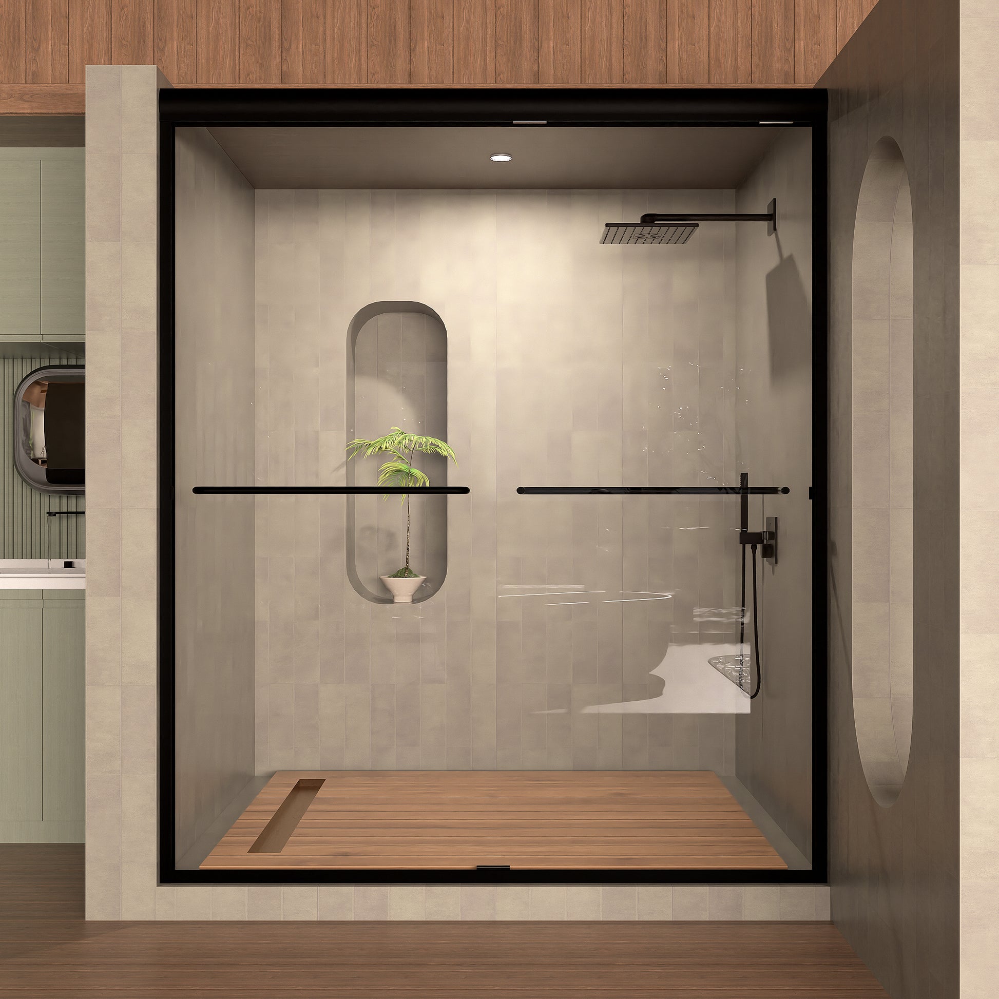 Semi Frameless Sliding Shower Door 56 60 In. W X 72 In. H, Bathroom Sliding Door With 5 16" Clear Tempered Glass, Matte Black Finish, Designed For Smooth Door Closing Matte Black Stainless Steel