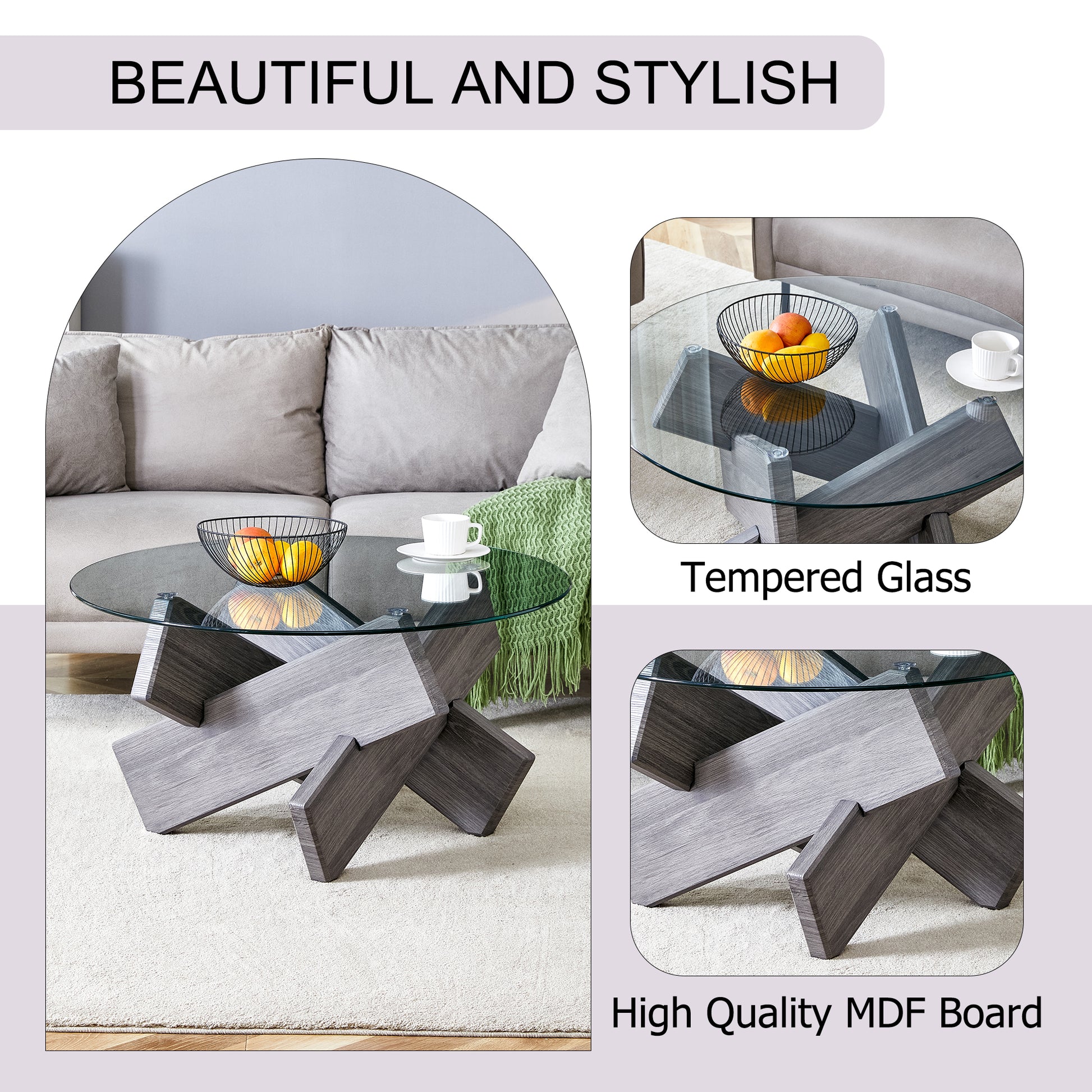 Round Glass Coffee Table, 33.4" Modern Design Unique Coffee Table. Tempered Glass Top With Grey Patterned Mdf Legs. Suitable For Living And Dining Rooms Gray Mdf Glass