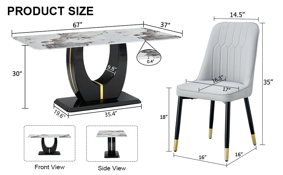 Table And Chair Set, Modern Dining Table, Patterned Table Top And Black Mdf Leg Table, Soft And Comfortable Dining Chair, Perfect For Dinner, Meetings, Home And Office Decor Grey Black Mdf Glass