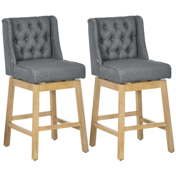 Homcom Bar Height Bar Stools Set Of 2, 180 Degree Swivel Barstools, 30" Seat Height Bar Chairs With Solid Wood Footrests And Button Tufted Design, Gray Grey Polyester