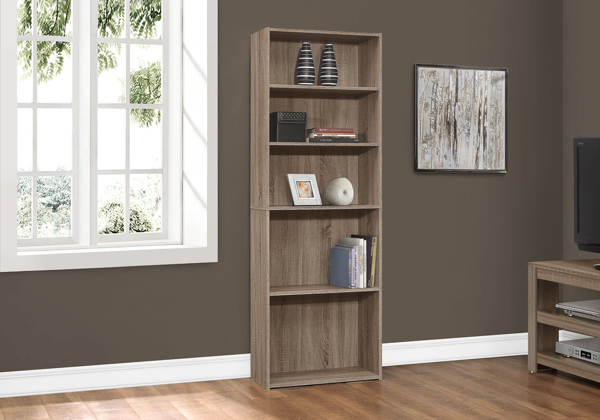 Bookshelf, Bookcase, 6 Tier, 72"H, Office, Bedroom, Brown Laminate, Transitional Taupe Particle Board