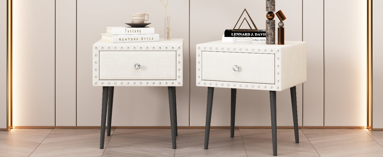 Modern Nightstands Set Of 2 With Drawer And Crystal Handle, Elegant Rivet Velvet Design Bedside Table For Bedroom, Beige Beige 1 Drawer Bedside Cabinet Mdf