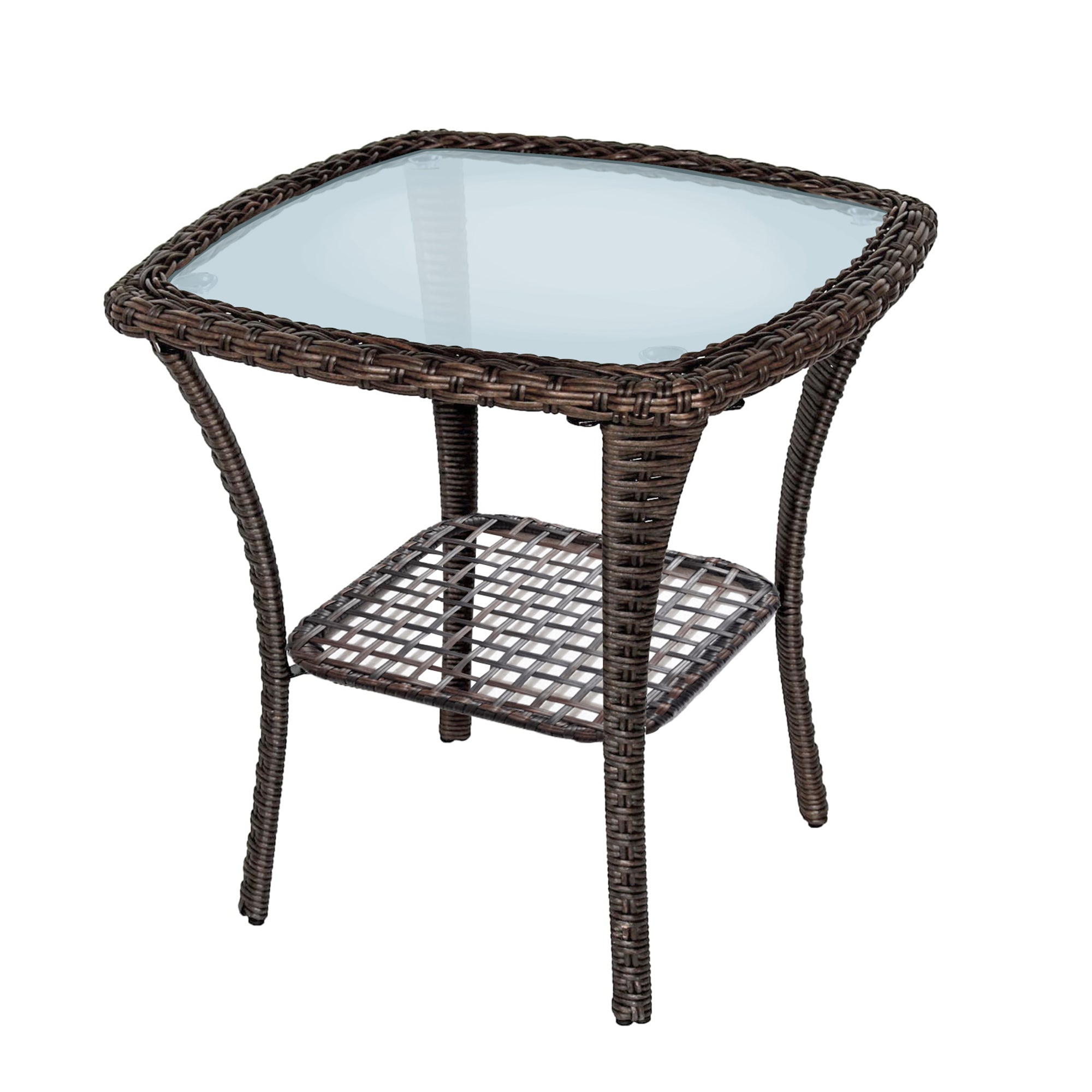 Outdoor Side Table, Indoor Outdoor Glass Top Wicker Coffee Bistro Table, All Weather Patio Square Storage End Table, Steel Frame, 20''X 20''X20'' Brown Rust Resistant Frame Steel