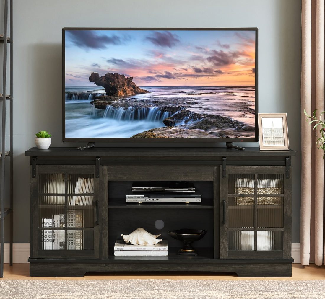 Multipurpose Sliding Door Tv Stand Large Storage Cabinet With 2 Sliding Fluted Glass Tempered Doors, Tv Up To 65'', Tv Desk Storage Rack, Charcoal Grey, 59.13"W*15.94"D*27.8"H Charcoal Grey 60 69 Inches Mdf