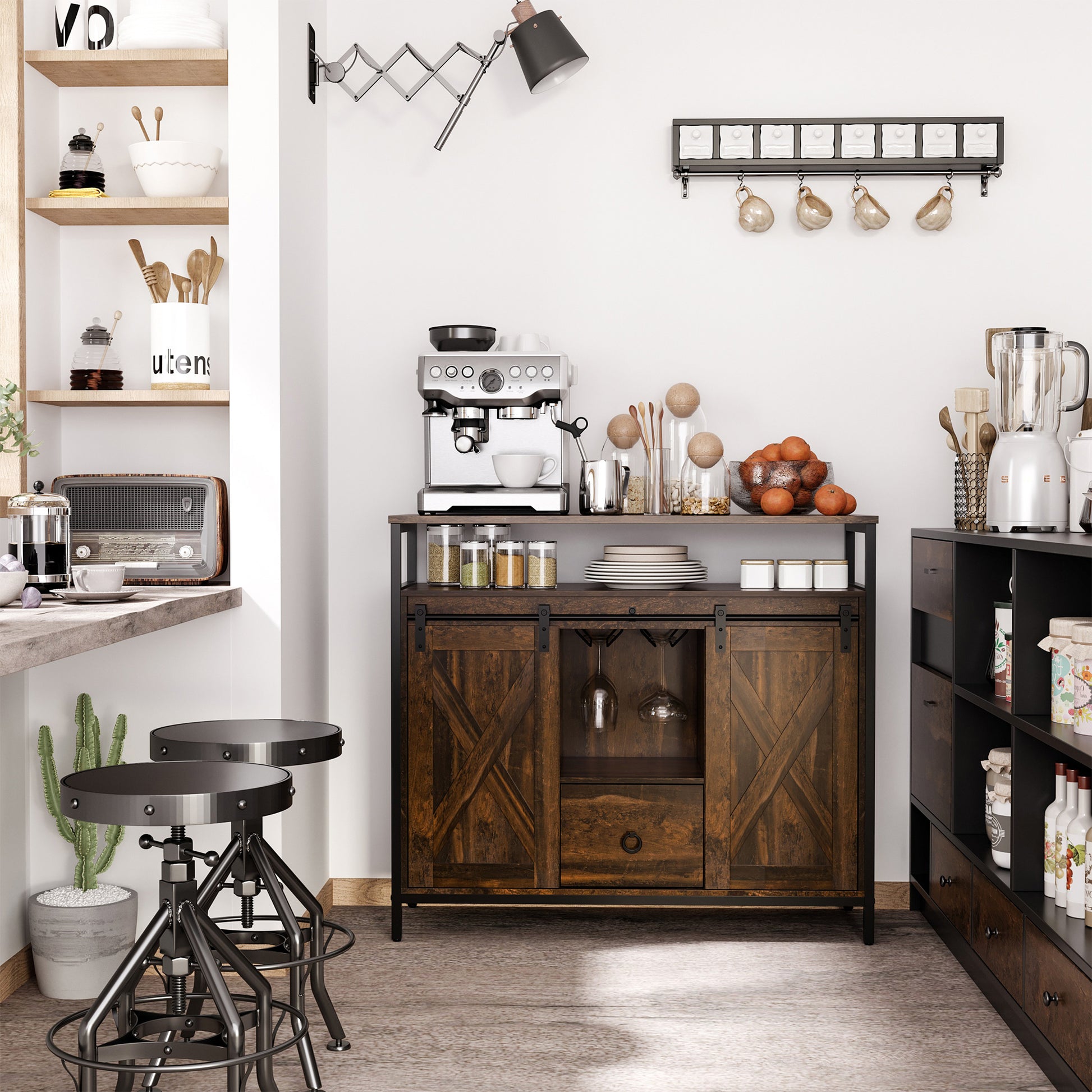 Homcom Industrial Sideboard Buffet Cabinet, Kitchen Cabinet With Sliding Barn Doors, Coffee Bar Cabinet With Stemware Racks, Drawer And Adjustable Shelves, Rustic Brown Rustic Brown Mdf Steel