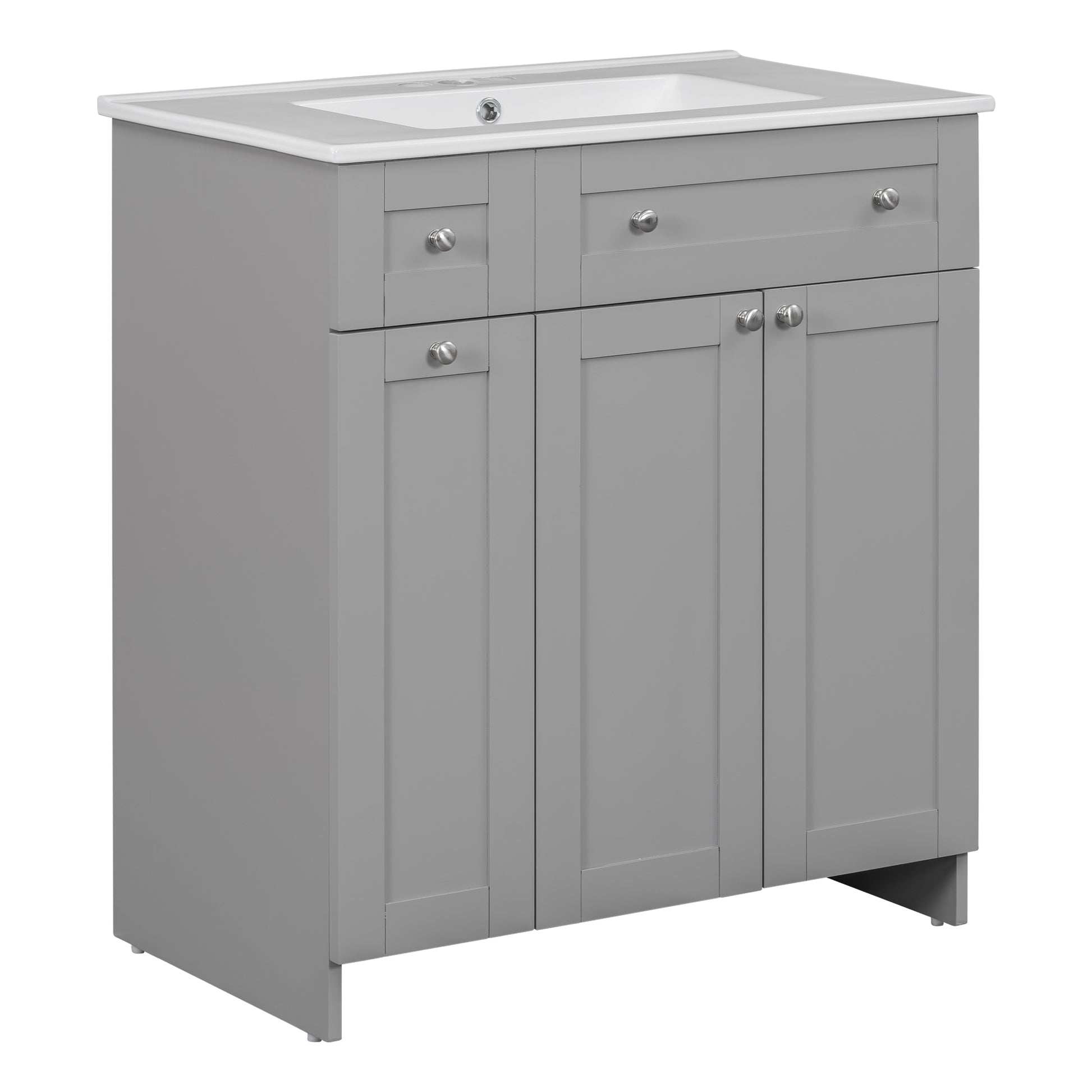 30 Inch Grey Bathroom Vanity With Ceramic Sink Combo, Abundant Storage Cabinet 2 Soft Close Doors And Double Tier Deep Drawer Grey Bathroom Mdf