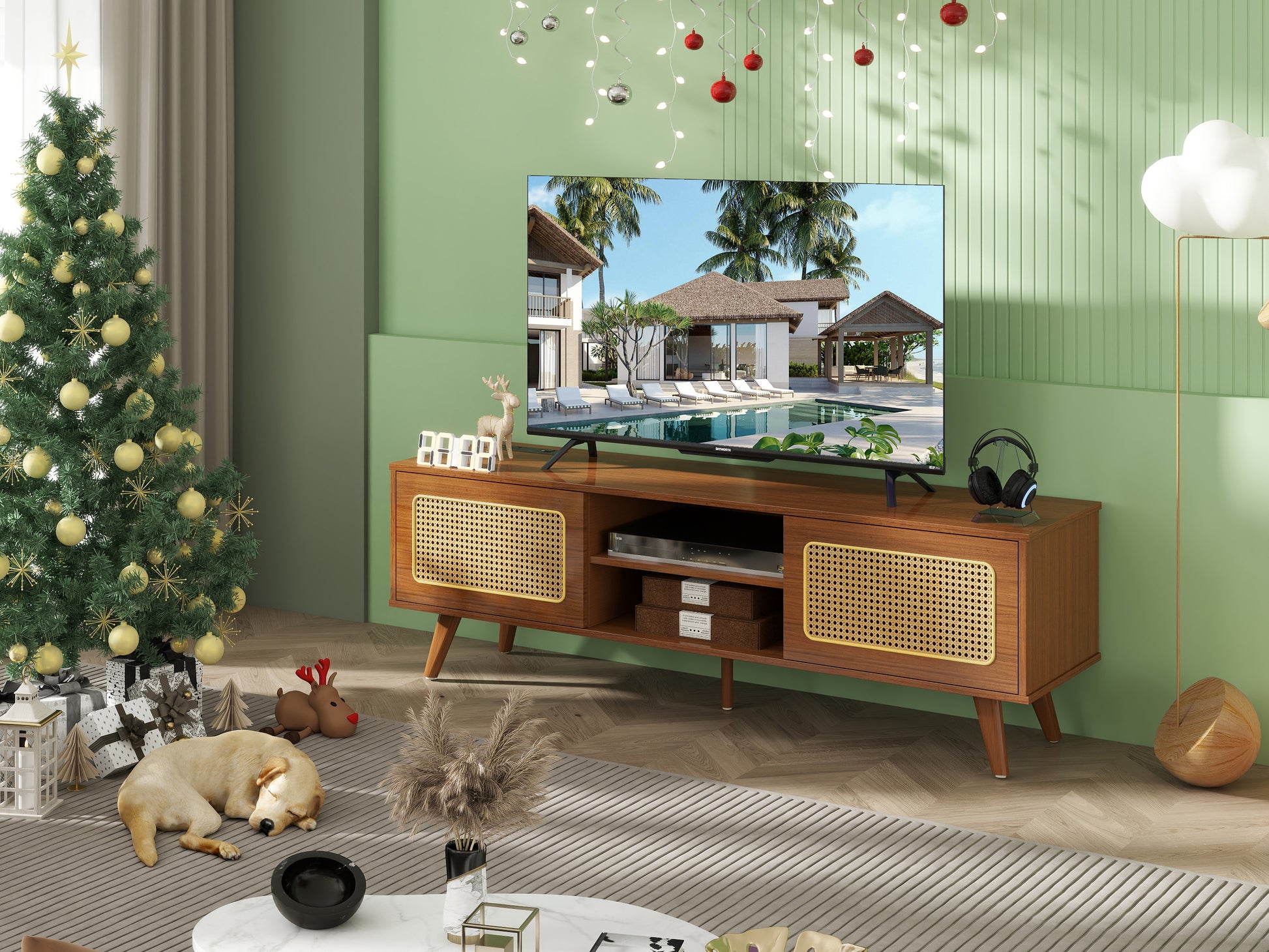 Mid Century Modern Rattan Tv Stand For 55 60 65 Inch Tventertainment Cabinet, Media Console For Living Room Bedroom Media Room, Solid Wood Feet & Rattan Cabinet Doors Walnut, 59" Black Brown Brown