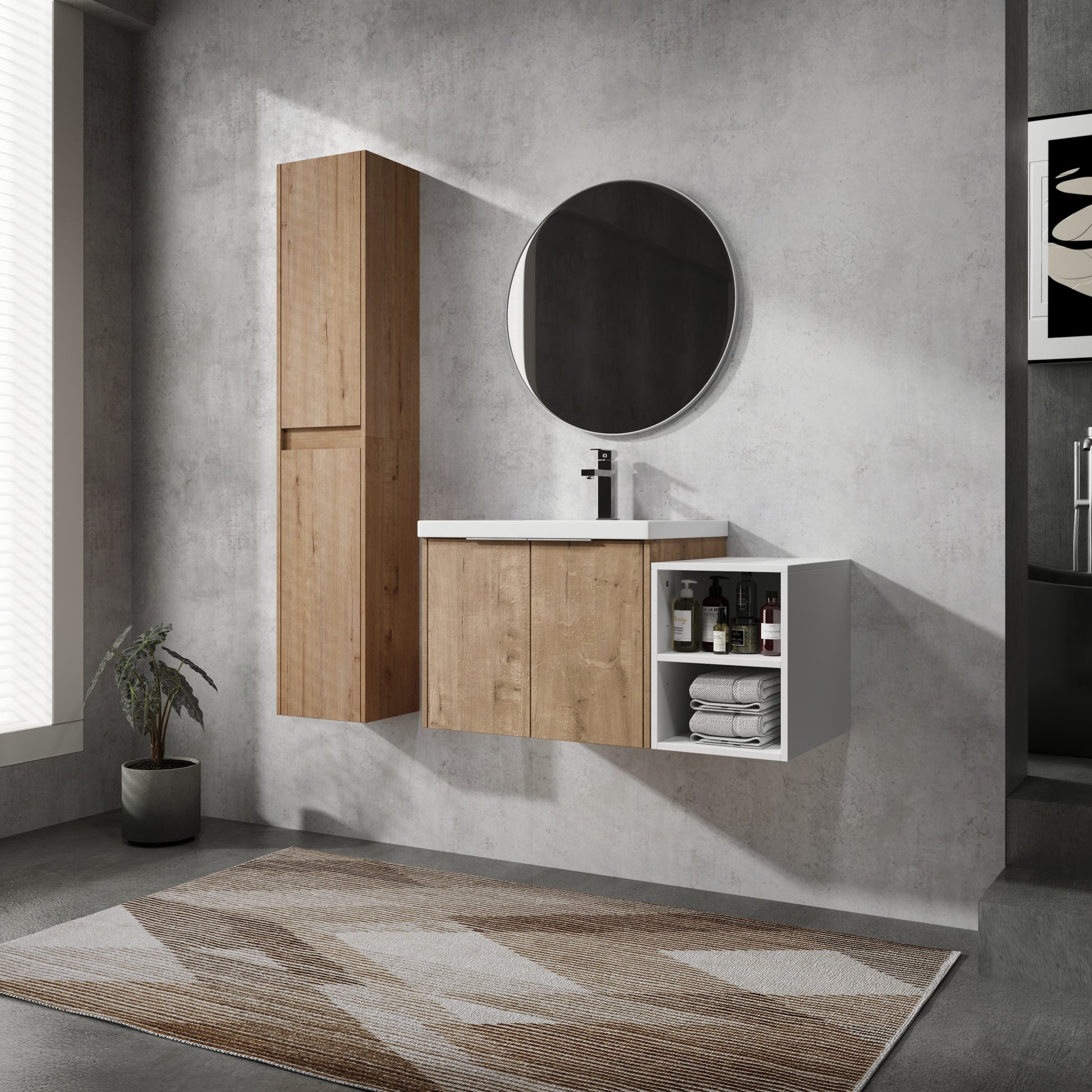 36" Wall Mounted Bathroom Vanity With Sink And Side Cabinet, Soft Close Doors,00112Imox2 0624Imo 0612Gwh Combination Cabinet Kd Packing Imitative Oak Bathroom Modern Plywood Plywood