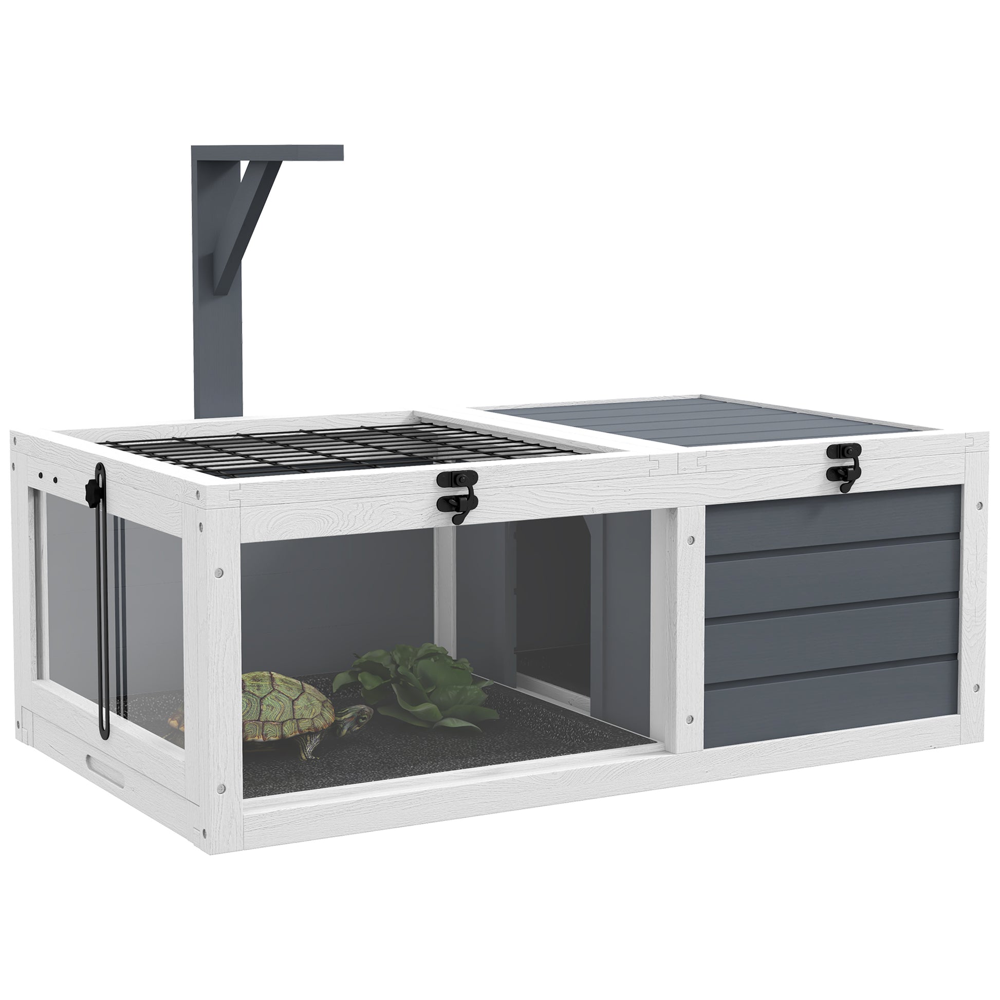 Pawhut Tortoise Habitat, Wooden Tortoise House, Indoor Outdoor Tortoise Enclosure With Lamp Holder, Pull Out Waterproof Trays, Openable Lids, Gray Gray Wood