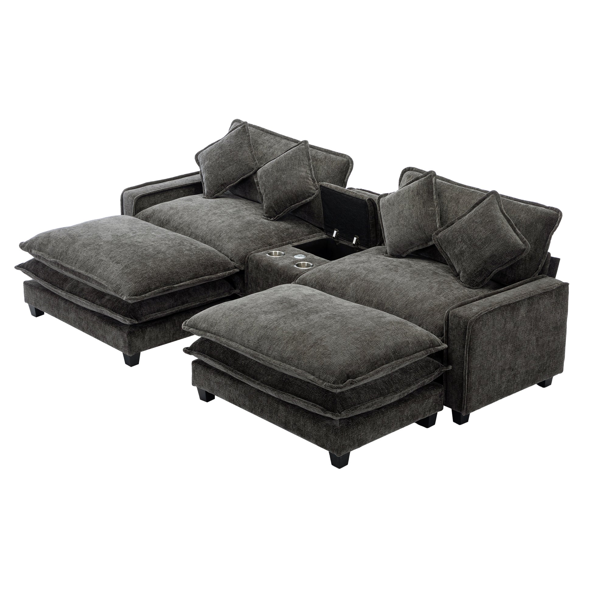 112.6" Sectional Sofa Chenille Upholstered Sofa With Two Removable Ottoman, Two Usb Ports, Two Cup Holders And Large Storage Box For Living Room, Black Black Foam Chenille 2 Seat