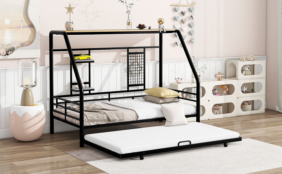 Twin Size Metal House Bed With Trundle, Black Twin Black Metal