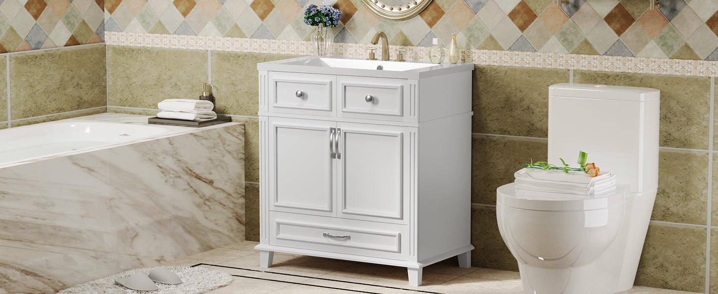 30'' Bathroom Vanity With Resin Sink, Solid Wood Frame Bathroom Storage Cabinet With Soft Closing Doors, Retro Style, White Same As Sw000118Aak White Bathroom Modern Solid Wood Mdf Resin