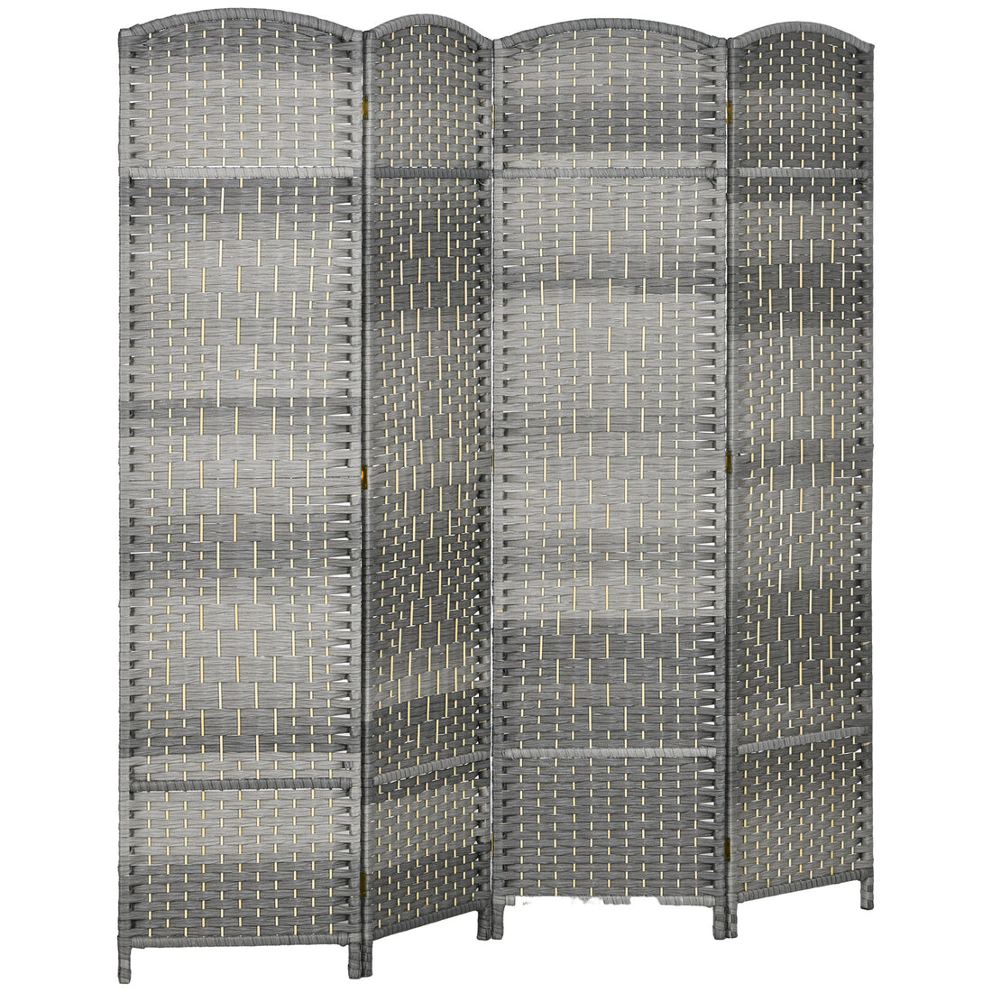 Homcom 4 Panel Room Divider, 6' Tall Folding Privacy Screen, Hand Woven Freestanding Wood Partition For Home Office, Bedroom, Mixed Gray Gray Polypropylene