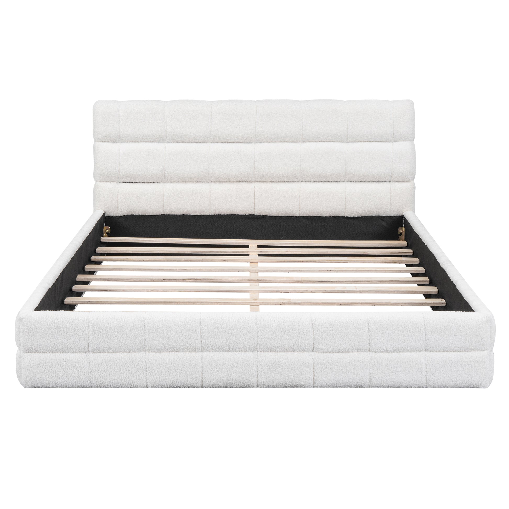 Queen Size Upholstered Platform Bed, White Box Spring Not Required Queen White Wood Bedroom Bed Frame Upholstered