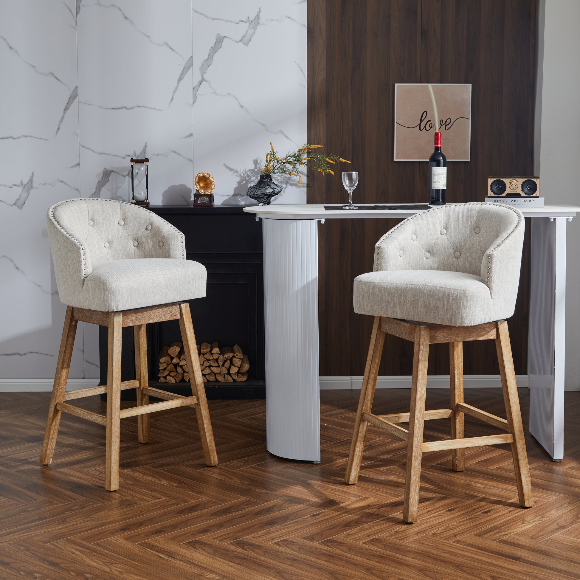 33.25" Swivel Counter Stools Set Of 2, Upholstered Counter Height Bar Stools With Solid Rubber Wood Frame, Backrest, Footrest, Armless Barstools For Home Bar, Kitchen Counter, Natural Beige