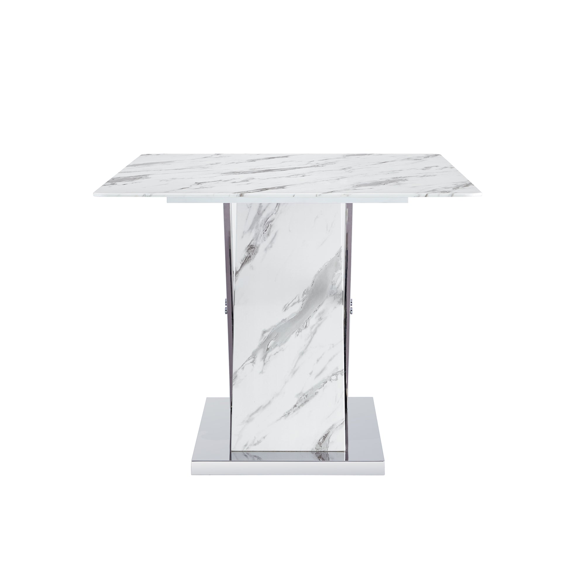 Table And Chair Set, Modern Dining Table, Imitation Marble White Top And Silver Legs, Soft And Comfortable Dining Chair, Perfect For Dinner, Meetings, Home And Office Decor Grey Silver Glass Metal