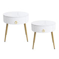 19.6'' Easy Assembly End Tables With High Gloss Faux Marble Tabletops, Set Of 2, Modern Fluted 2 Side Tables With Drawers, Round Coffee Tables With Golden Legs For Living Room, White White Gold Primary Living Space Drawers Round Mdf Iron