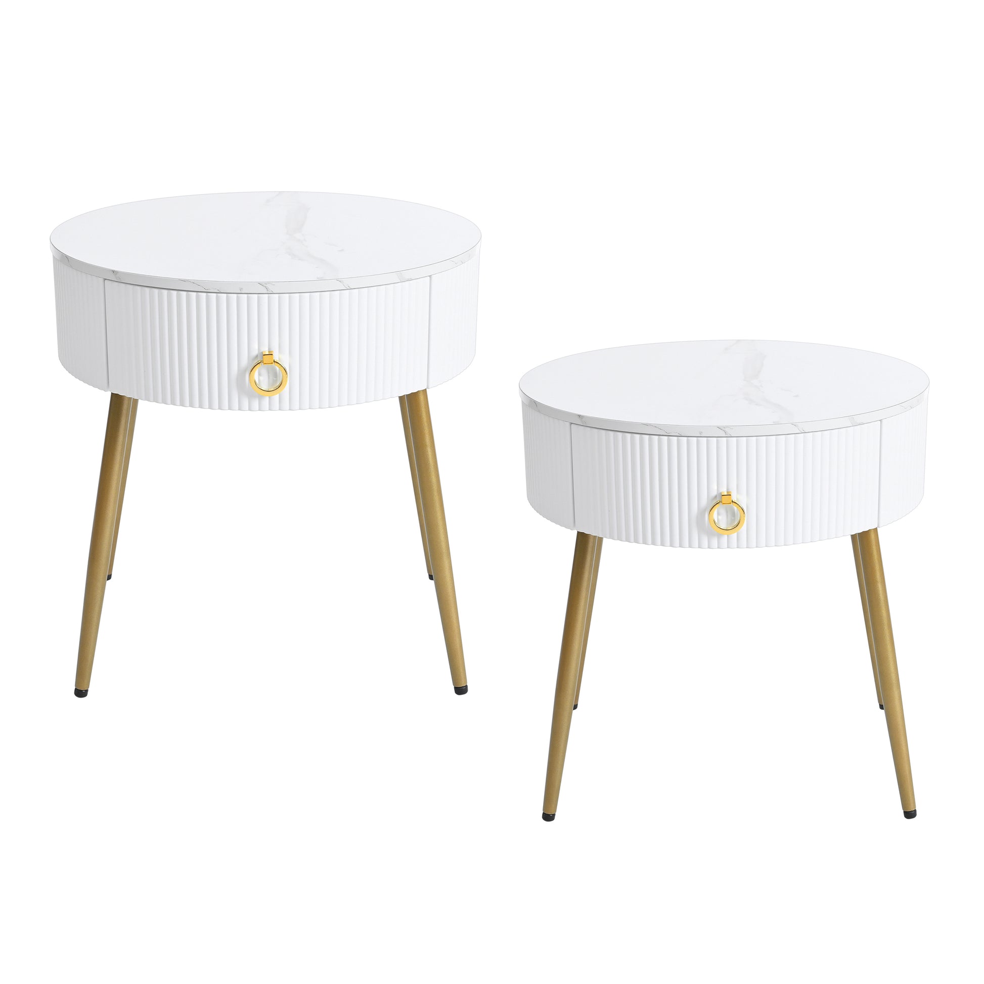 19.6'' Easy Assembly End Tables With High Gloss Faux Marble Tabletops, Set Of 2, Modern Fluted 2 Side Tables With Drawers, Round Coffee Tables With Golden Legs For Living Room, White White Gold Primary Living Space Drawers Round Mdf Iron