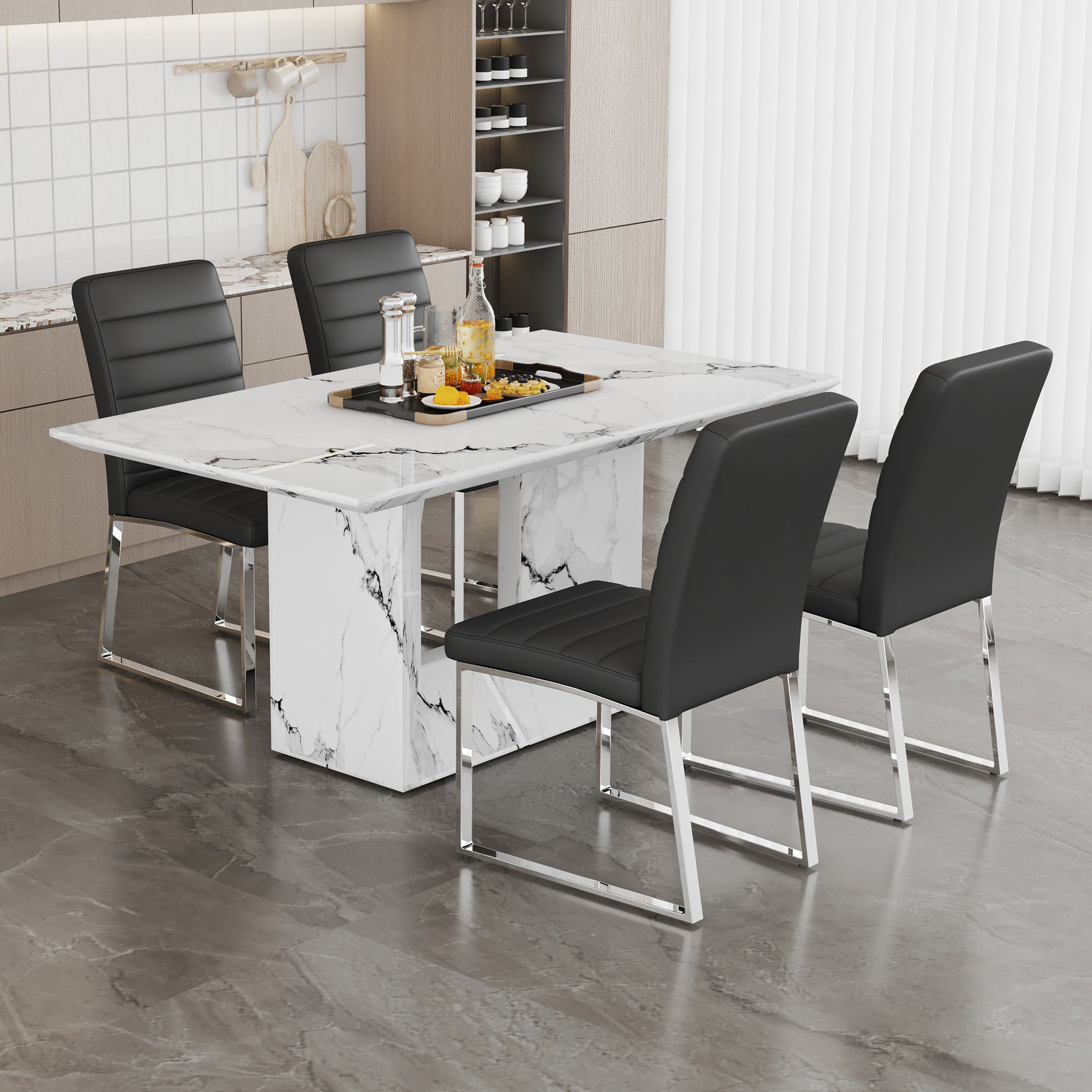 Table And Chair Set.63"X35.4" White Marble Patterned Mdf Dining Table Set With 4 Armless Black Pu Chairs.The Backrest Of The Dining Chair Is Designed With Multiple Horizontal Stripes. Black Seats 4