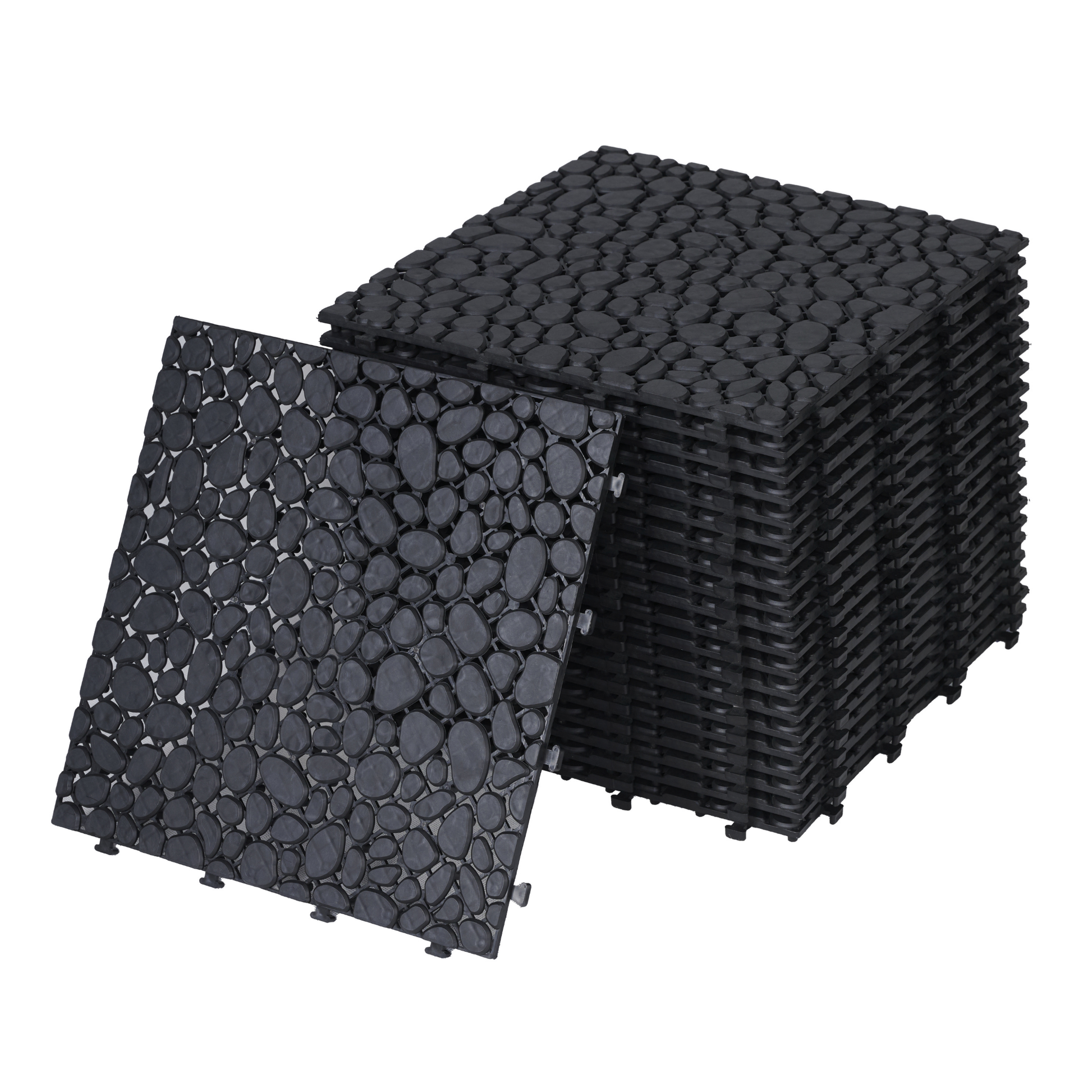 12 X 12 Inch Black Interlocking Deck Tiles Plastic Waterproof Outdoor All Weather Anti Slip Bathroom Shower Balcony Porch Strong Weight Capacity Upto 440 Lbs, Pebble Stone Pattern Pack Of 12 Black Garden & Outdoor American Design,American Traditional