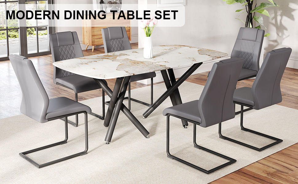 1 Table And 6 Chairs Set.A Rectangular Dining Table With A 0.39 Inch Imitation Marble Tabletop And Black Metal Legs.Paired With 6 Chairs With Pu Leather Seat Cushion And Black Metal Legs.F 1538,C 001 Black Gray Glass Metal