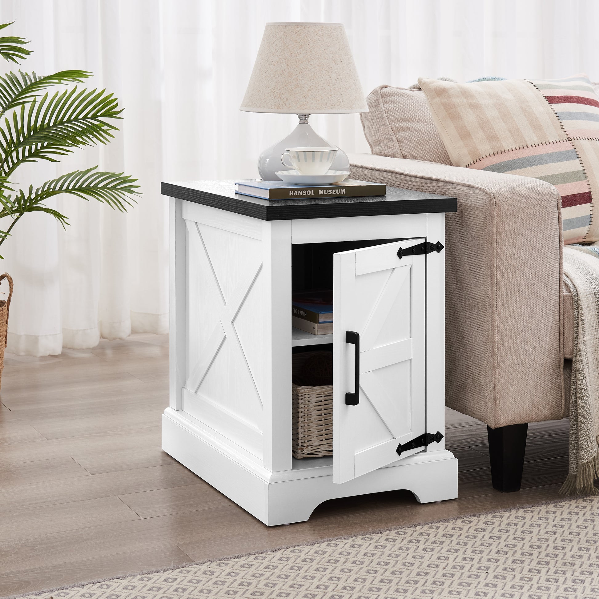 Farmhouse End Table Nightstand Rectangular Farmhouse End Table With Barn Door And Adjustable Storage Shelf, Rustic Sofa Side Table For Living Room, Bedroom, White White Black Mdf