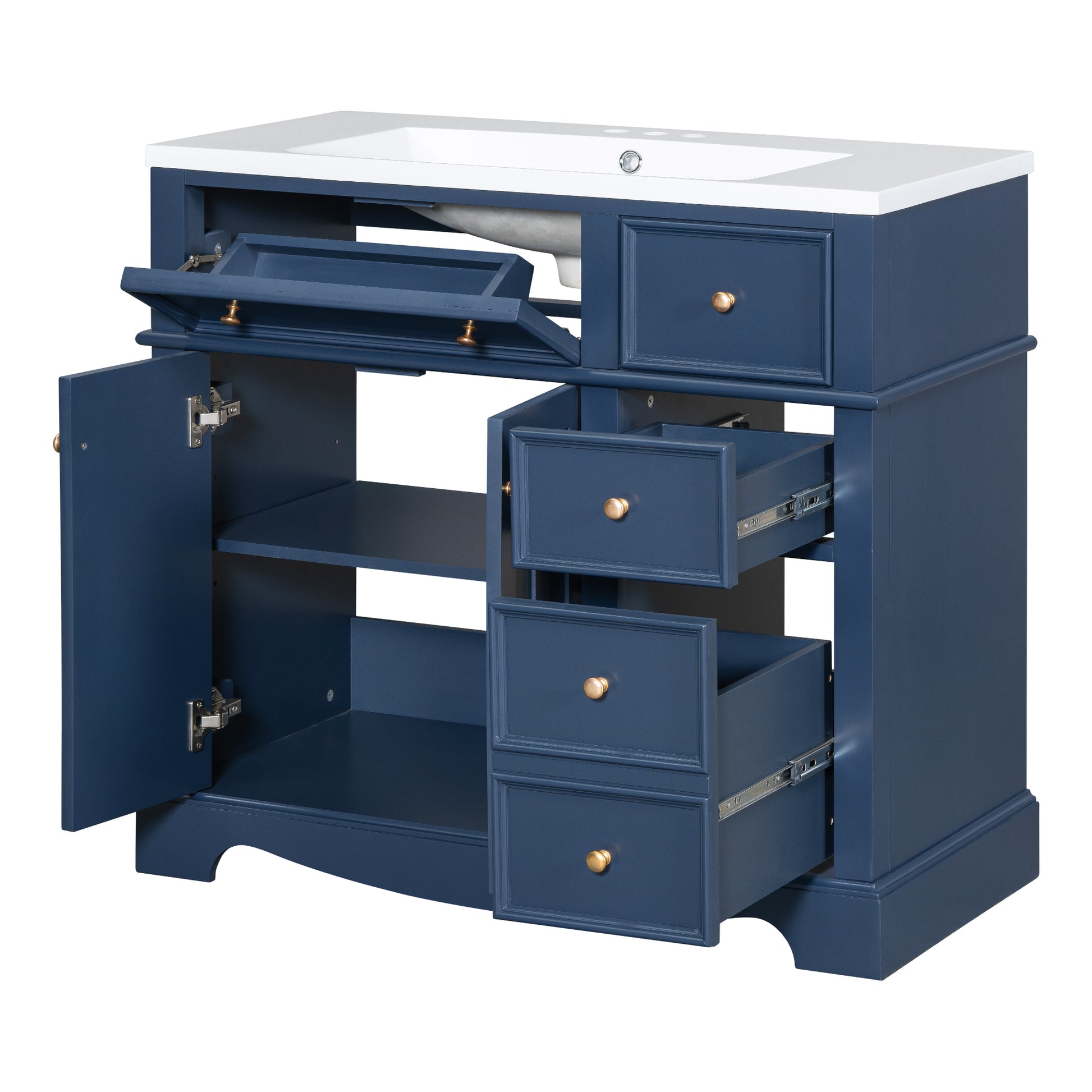 36'' Bathroom Vanity With Resin Sink Combo, Solid Wood Frame Bathroom Storage Cabinet, Freestanding Vanity Set With 3 Drawers& Adjustable Shelf Blue Bathroom Modern Solid Wood Mdf Resin