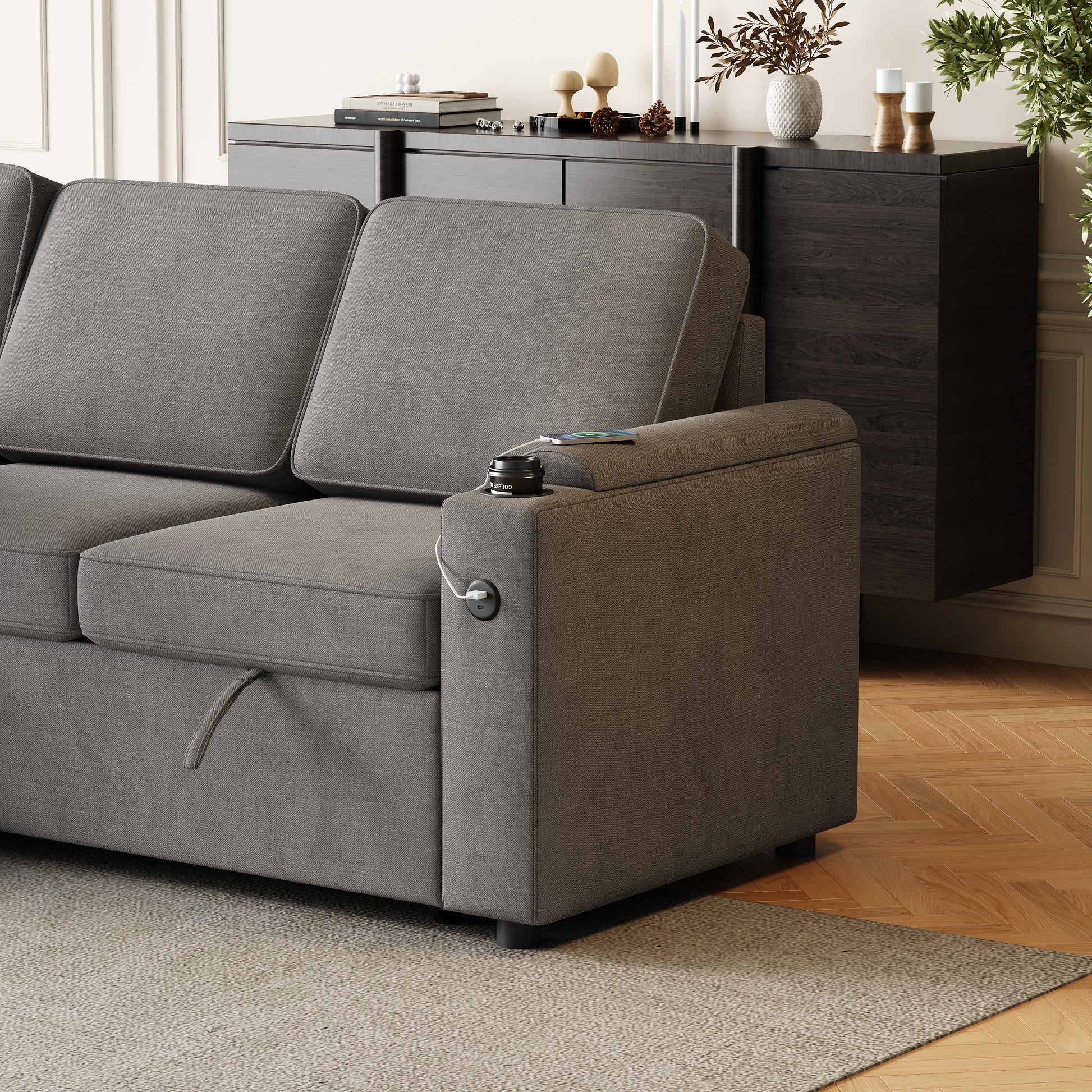 Mh85.8" Sleeper Sofa, Sofa Bed 2 In 1 Pull Out Sofa Bed With Storage Sofa, Sofa Sleeper With Pull Out Bed With Charging Port Dark Grey Polyester Primary Living Space Eucalyptus Polyester Fabric 3