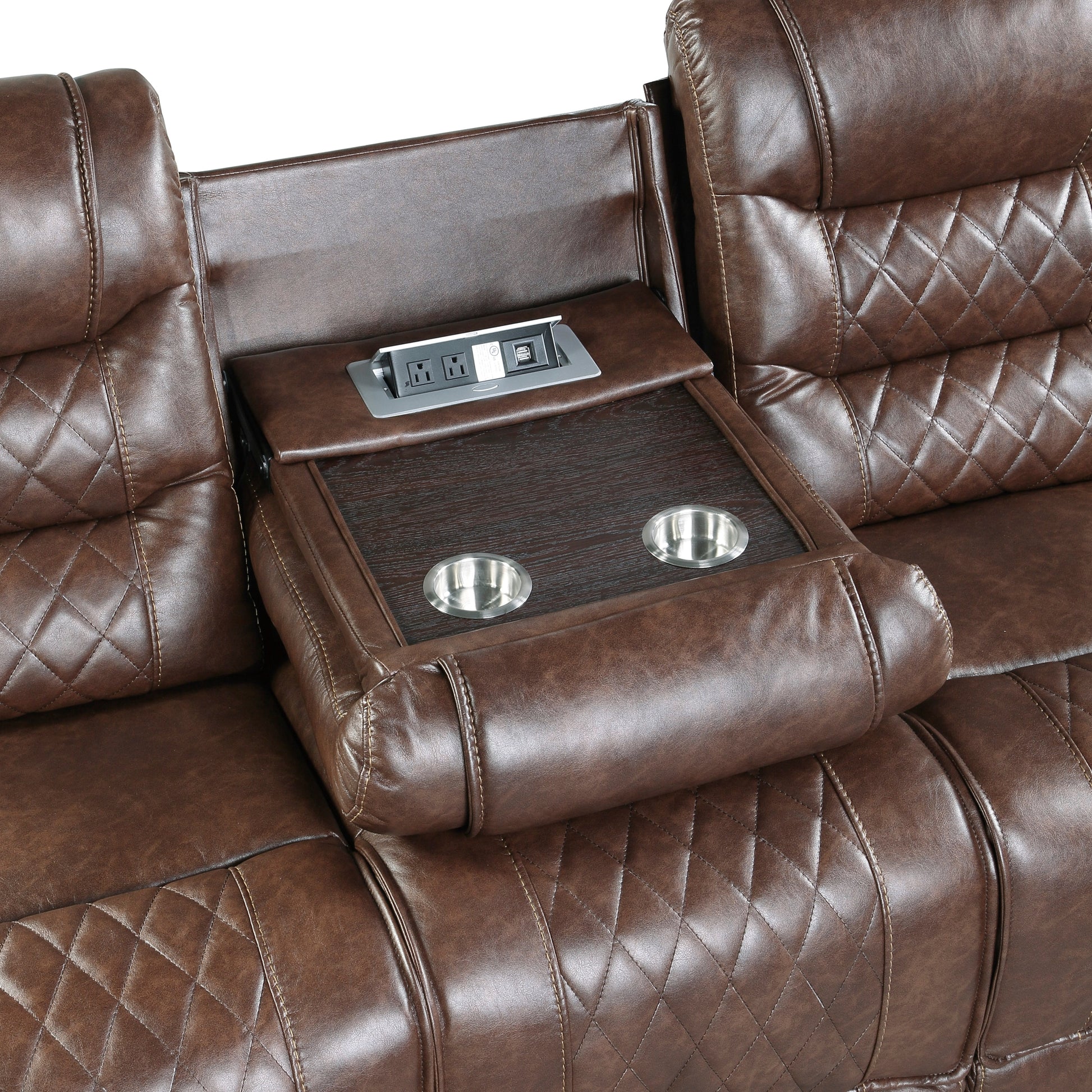 Luxurious Living Room Furniture 2Pc Power Reclining Sofa Set Brownfaux Leather Upholstery Center Drop Down Cup Holders, Power Outlets, Usb Ports, Diamond Pattern Stitching Brown Faux Leather Wood Primary Living Space Luxury,Modern Solid Wood 5 Seat