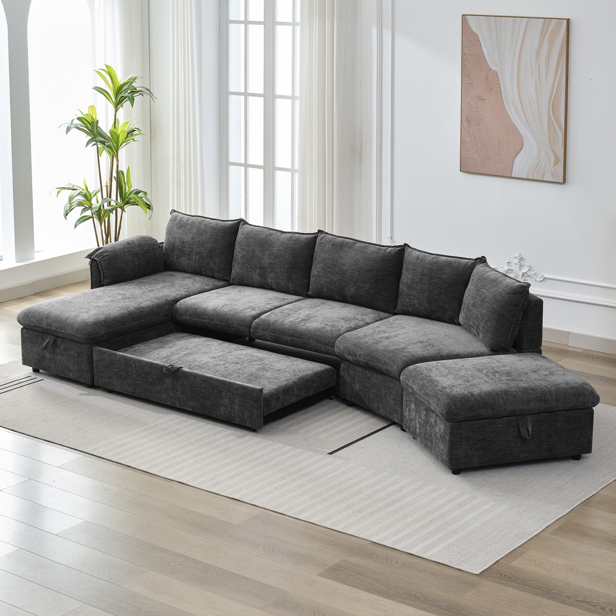 146.9" L Shaped Sofa Sectional Sofa Couch Pull Out Sofa Bed With A Movable Storage Ottoman, A Storage Chaise Lounge And Two Usb Ports For Living Room, Grey Grey Foam Linen 5 Seat