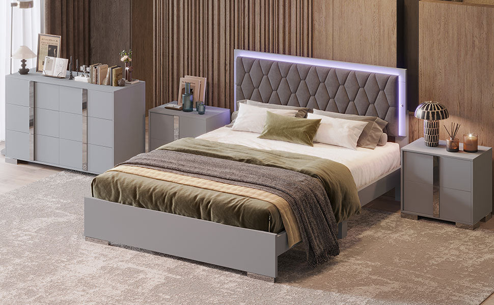 4 Pieces Bedroom Sets Queen Size Upholstered Bed With Led Lights, Mirrored Nightstands And Dresser With Metal Handles And Legs,Grey Queen Grey 4 Piece Set Solid Wood Mdf