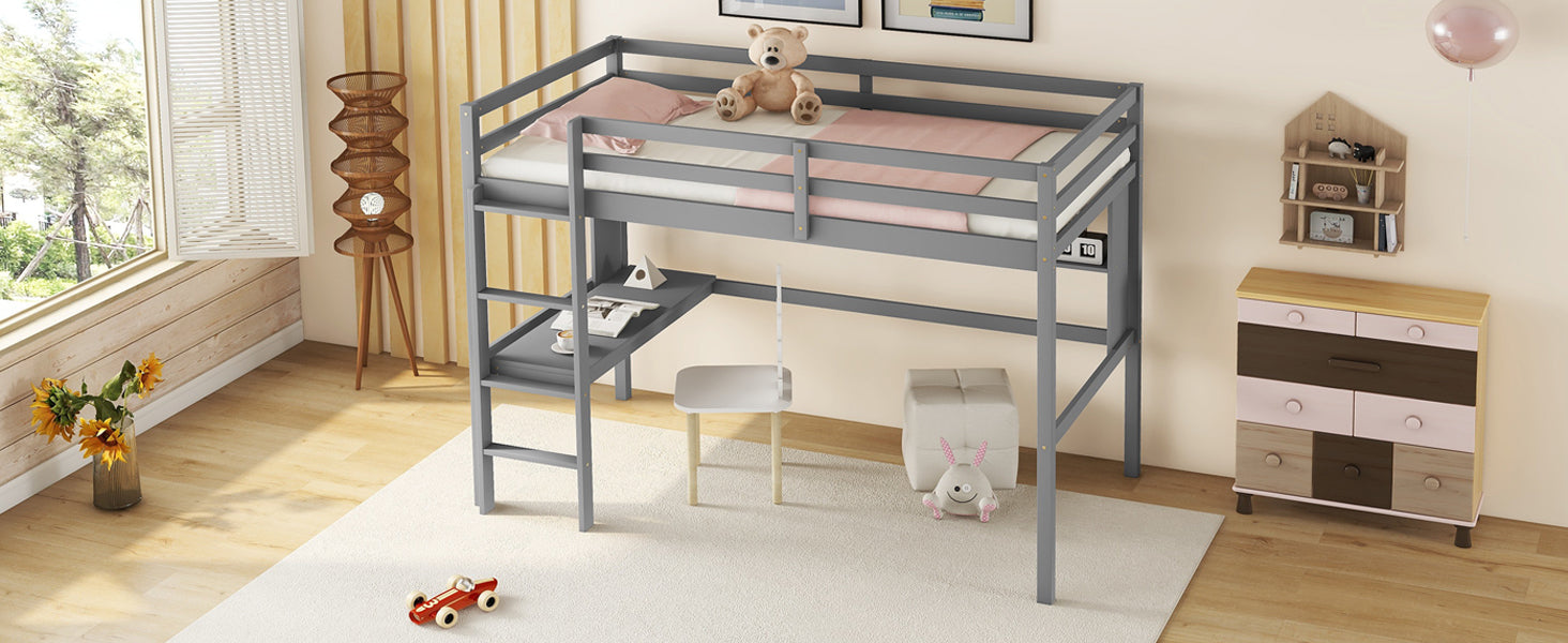 Twin Size Loft Bed With Desk And Shelves, Safety Guardrail And Ladder,Grey Twin Grey Pine