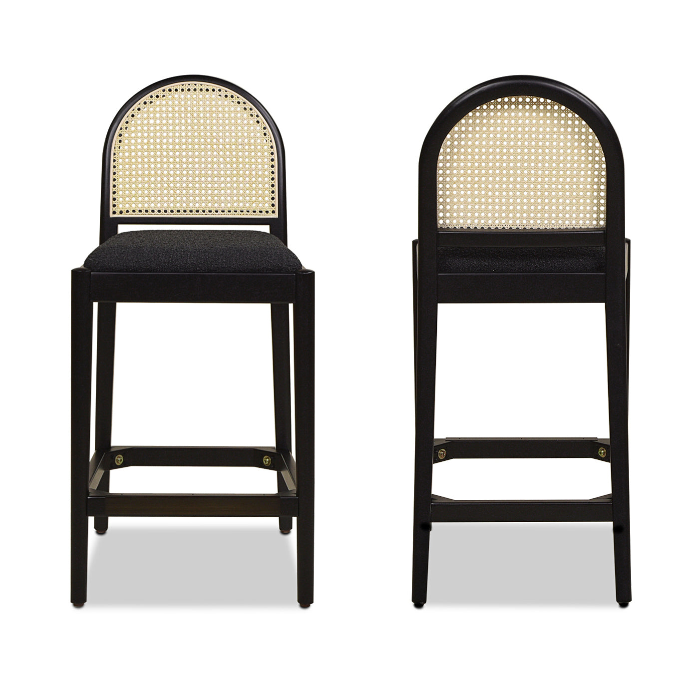 Panama 26.5" Curved Back Cane Rattan Counter Stool, Set Of 2, Ebony Black Boucle Black Foam Wood Fabric Rattan