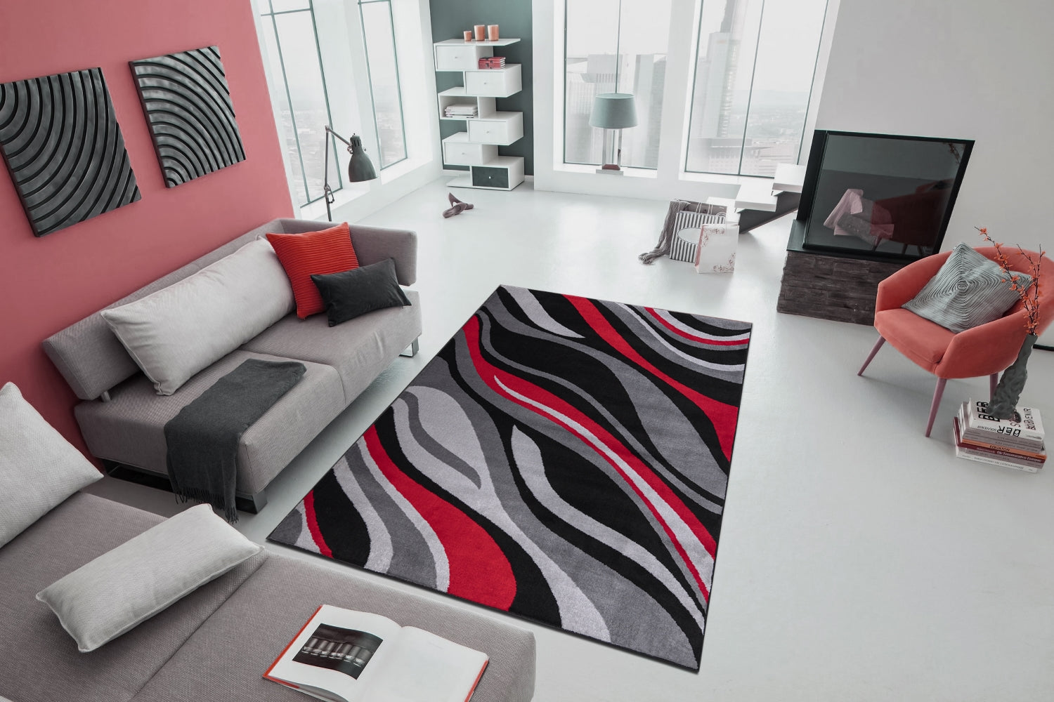 Jersey Area Rugs, Carpets For Livingroom, 7X10 Area Rugs ,1125 Black Red Rectangle 8&10 Black Red Contemporary Abstract Polypropylene