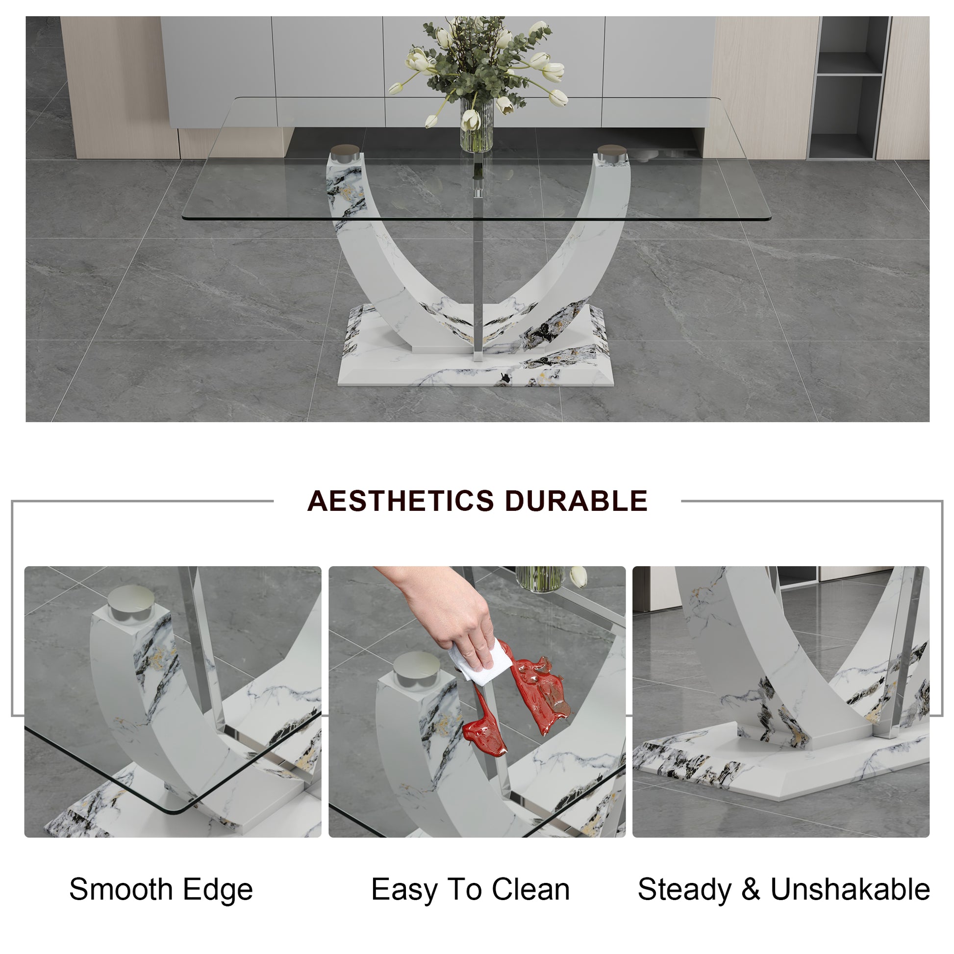 A Modern And Simple Rectangular Glass Table, Equipped With A 0.39 Inch Tempered Glass Table And Medium Density Board Legs, And Stainless Steel Support Shelves. Used In The Kitchen, Dining Room F 907 White Glass