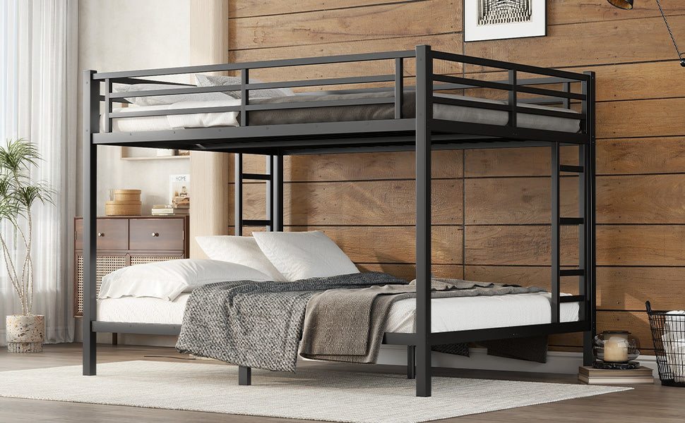 Metal Queen Over Queen Bunk Bed For Teens And Adults,Space Saving Noise Reduced No Box Spring Needed, Black Box Spring Not Required Queen Black Metal