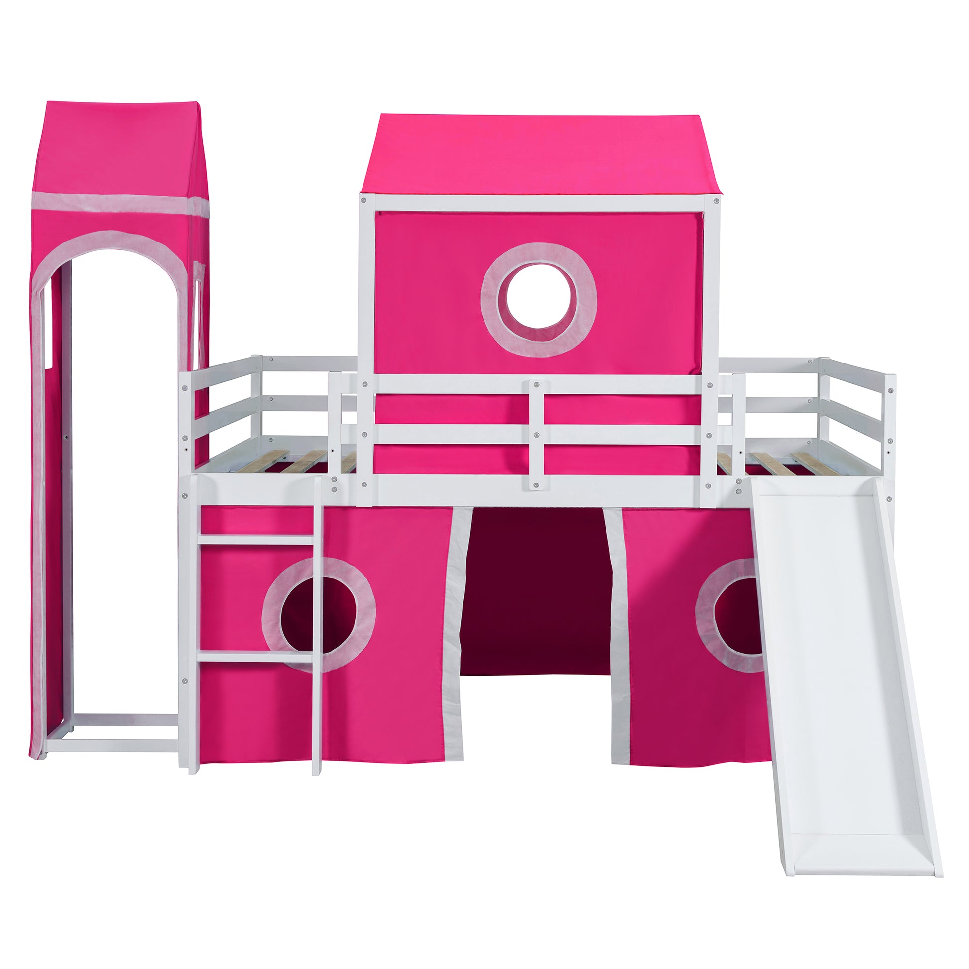 Full Size Loft Bed With Slide Pink Tent And Tower Pink Old Sku:Wf298771Aah Full Pink Solid Wood