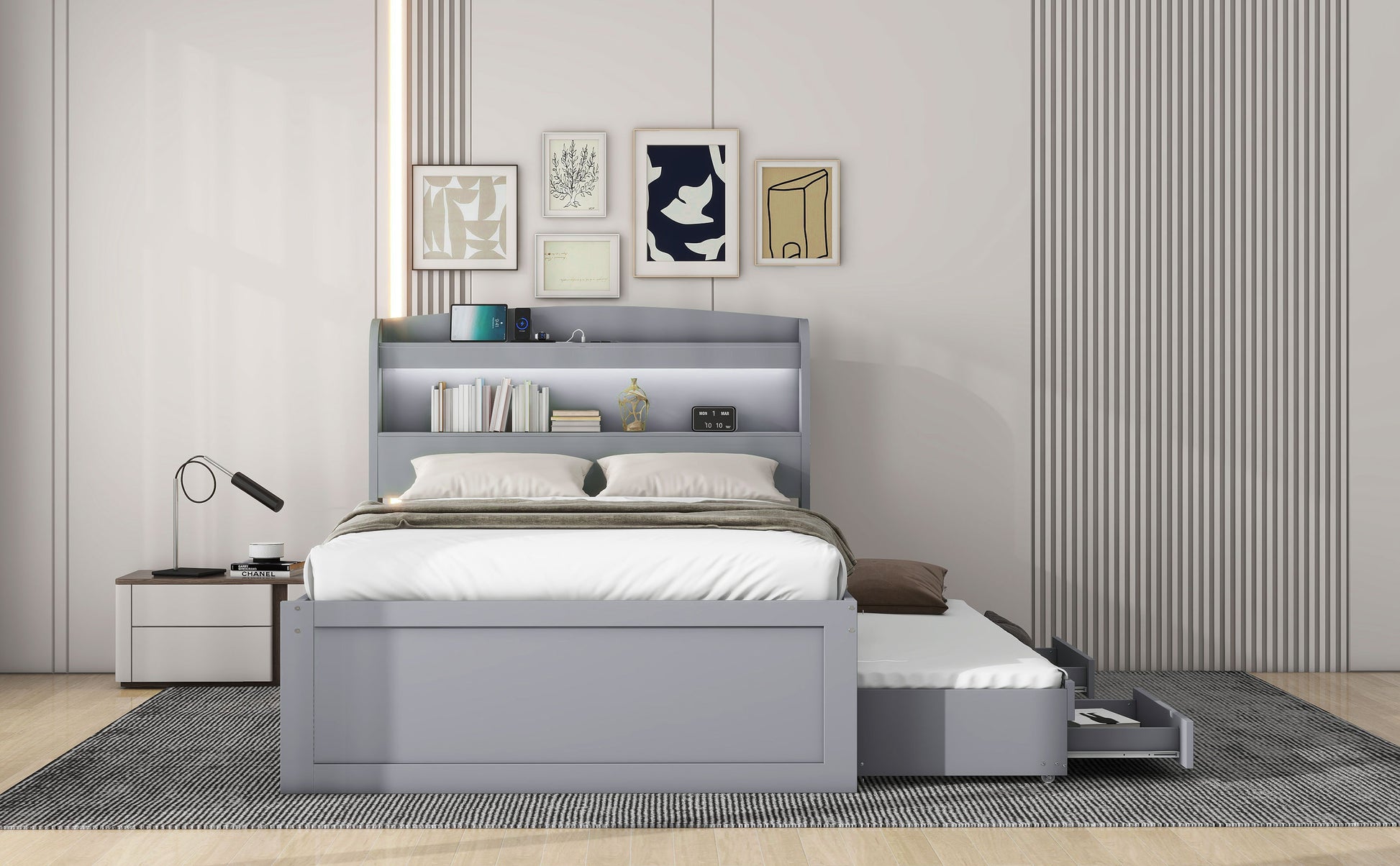 Twin Xl Size Platform Bed With Storage Led Headboard, Charging Station, Twin Size Trundle And 2 Drawers, Gray Box Spring Not Required Twin Xl Gray Wood Bedroom Bed Frame Solid Wood Mdf